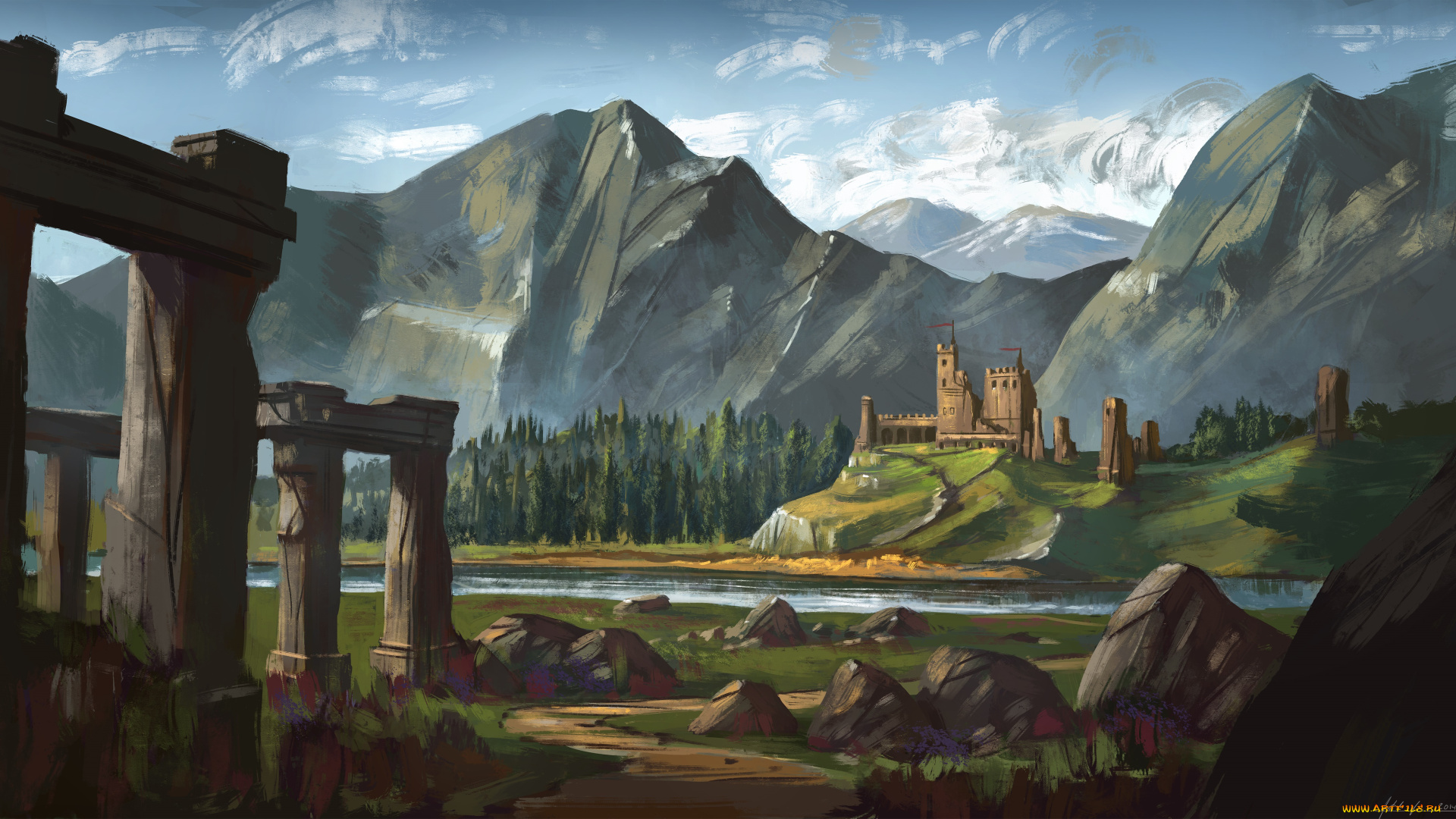 рисованное, природа, горы, замок, река, руины, облака, лес