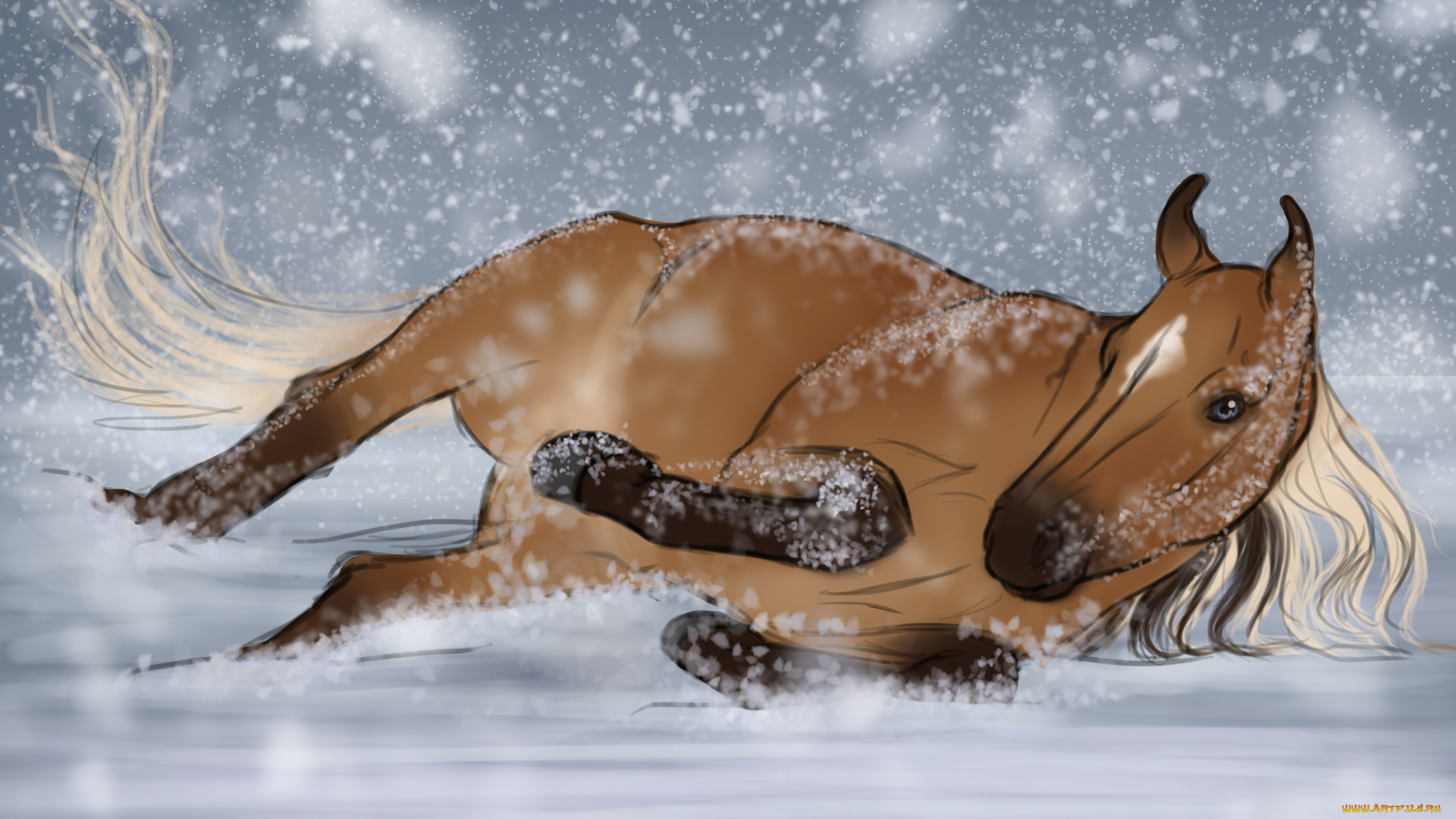 рисованное, животные, , лошади, лошадь, зима, снег