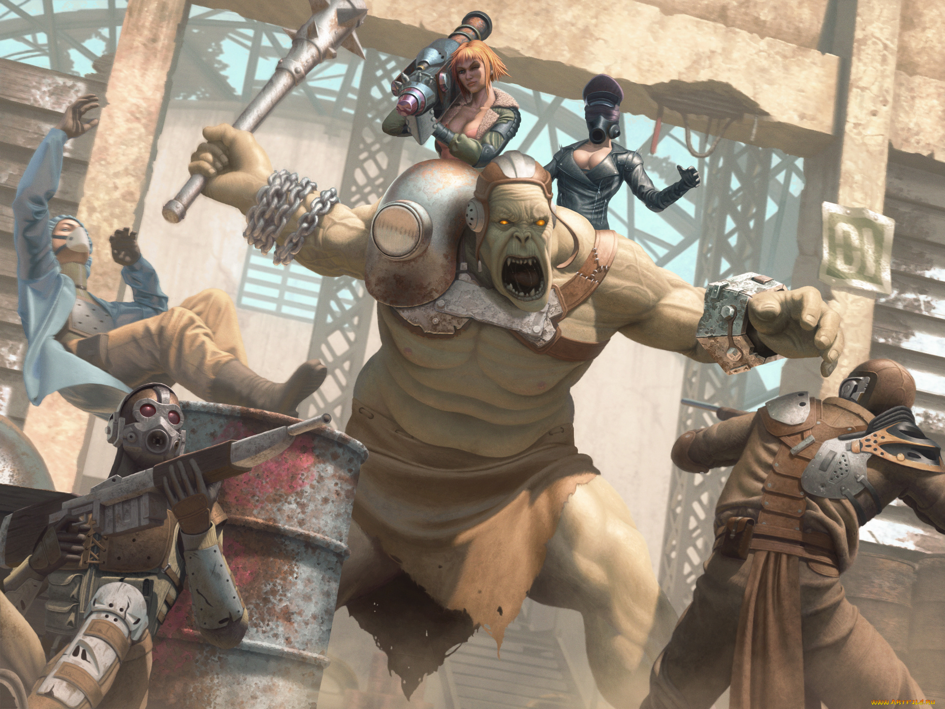 фэнтези, существа, битва, великан, орг, солдаты, девушки, роботы