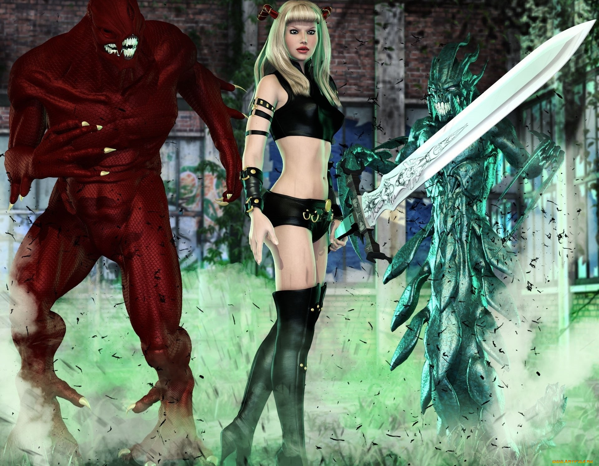 3д, графика, фантазия, , fantasy, существо, девушка, взгляд, фон, оружие