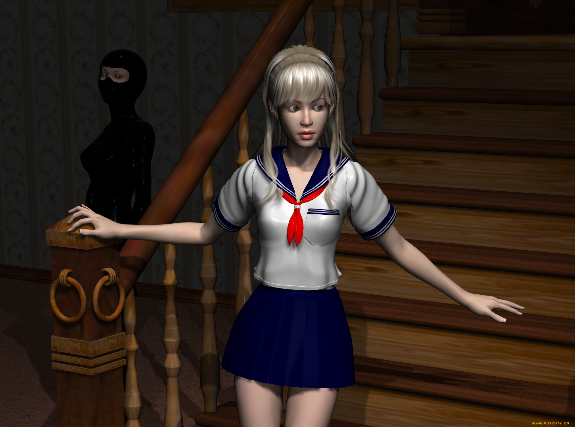 3д, графика, фантазия, , fantasy, девушка, взгляд, фон, лестница, ночь, ниндзя