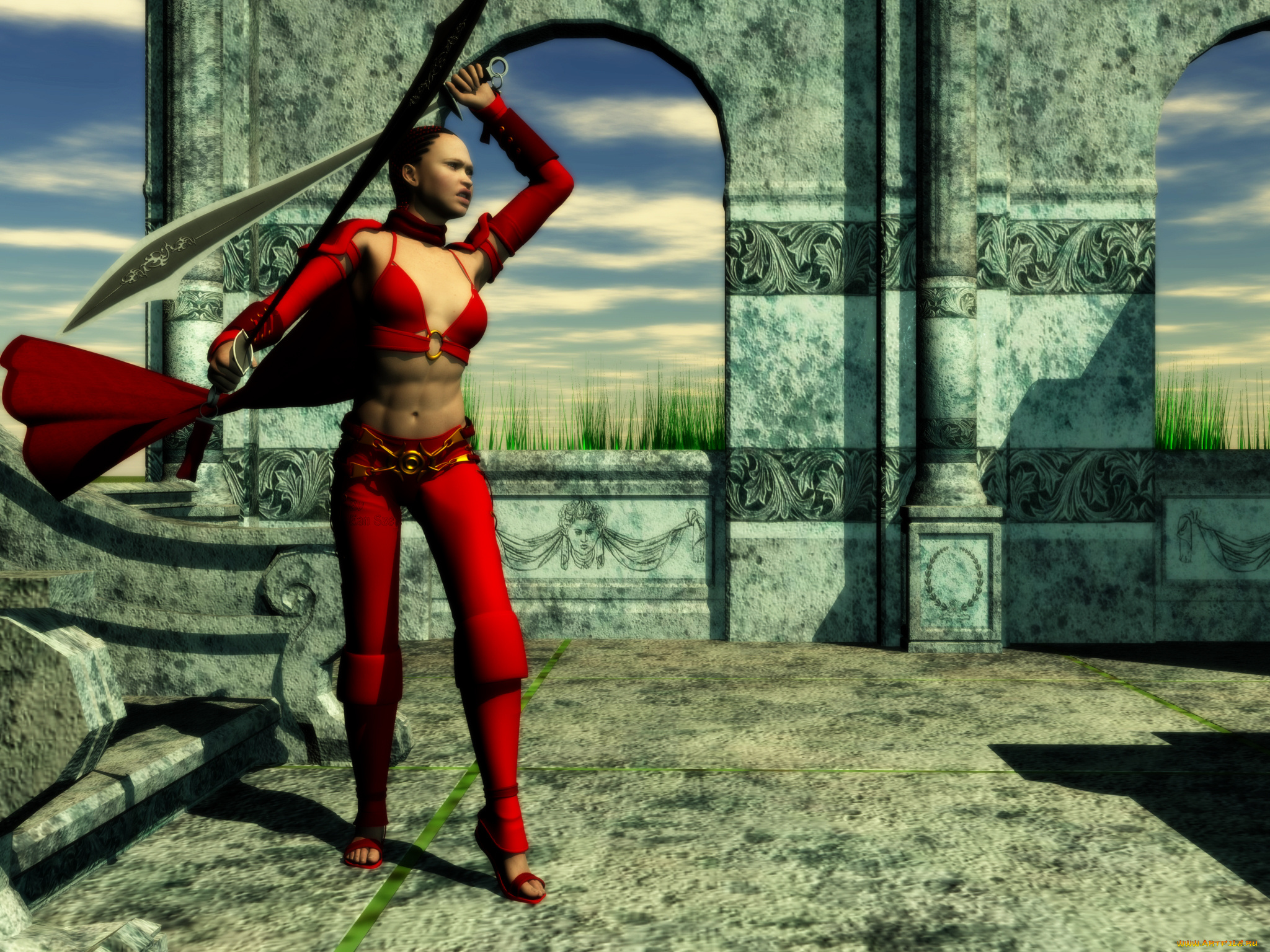 3д, графика, амазонки, , amazon, оружие, фон, взгляд, девушка