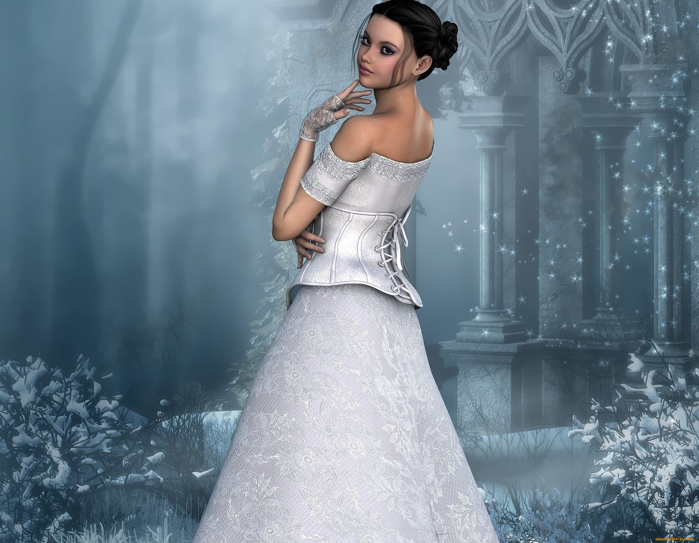 3д, графика, люди, , people, зима, платье, фон, взгляд, девушка