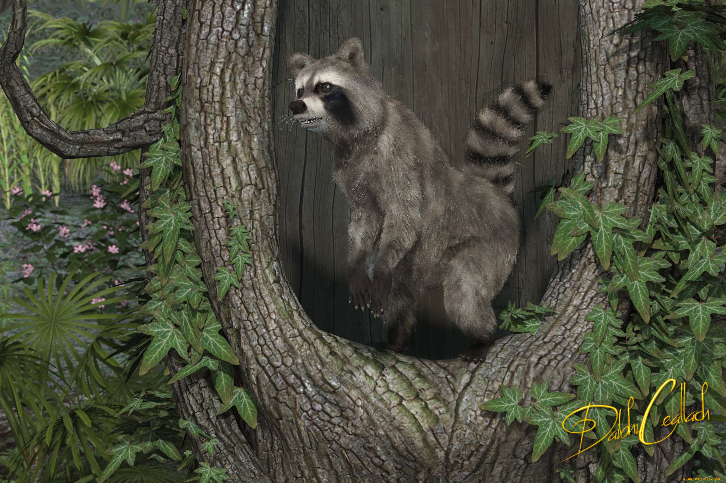 3д, графика, животные, , animals, росомаха, лес, дерево