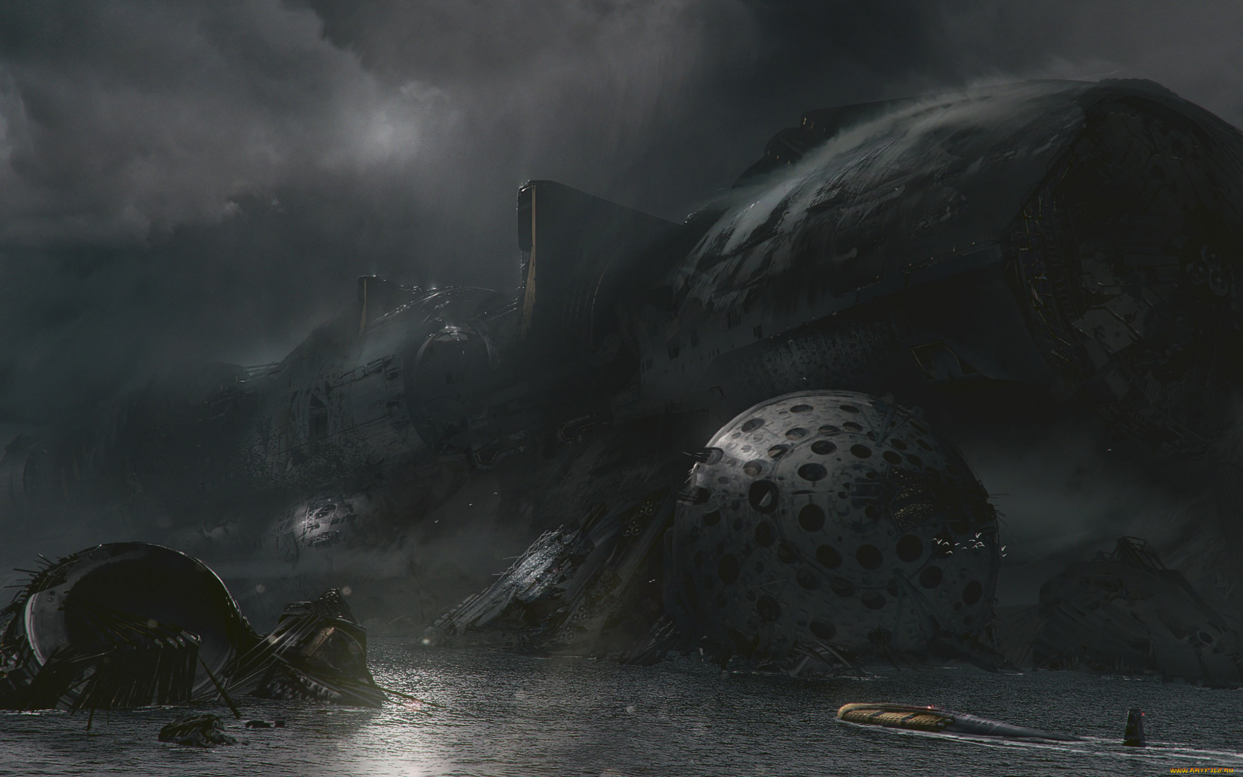 фэнтези, иные, миры, , иные, времена, art, starship, крушение, корабль, фантастика, небо, тучи, облака