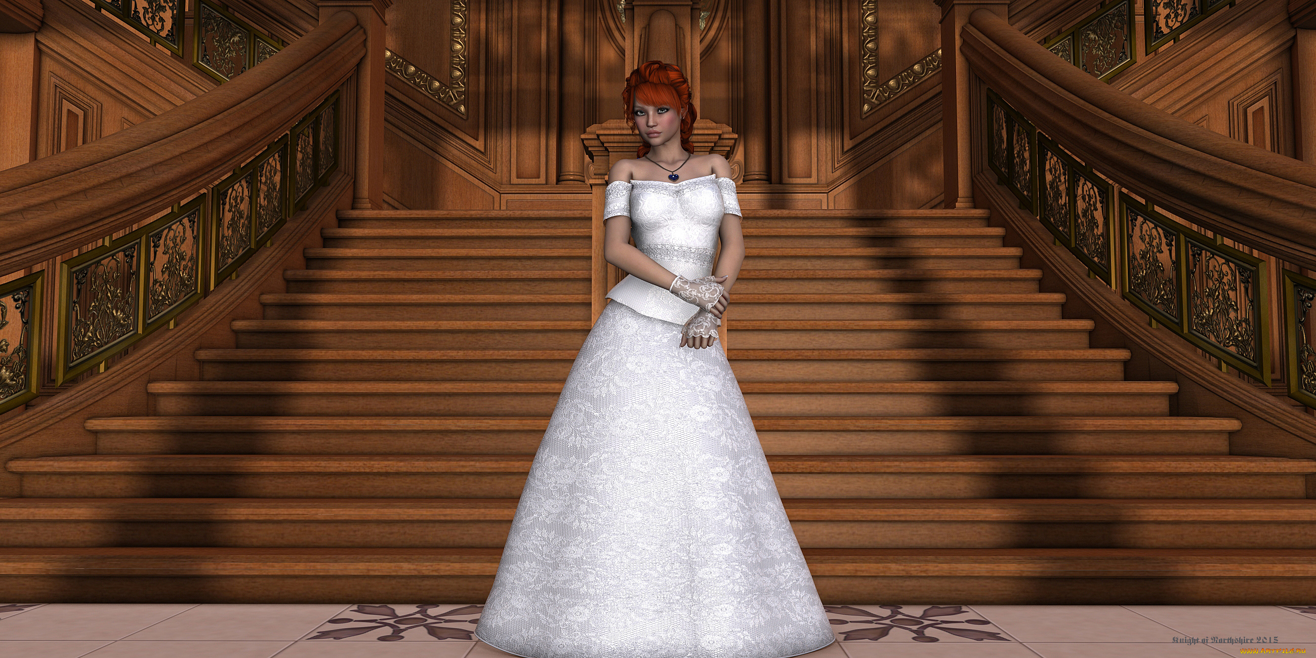 3д, графика, люди, , people, девушка, взгляд, фон, платье, лестница, рыжая, перчатки