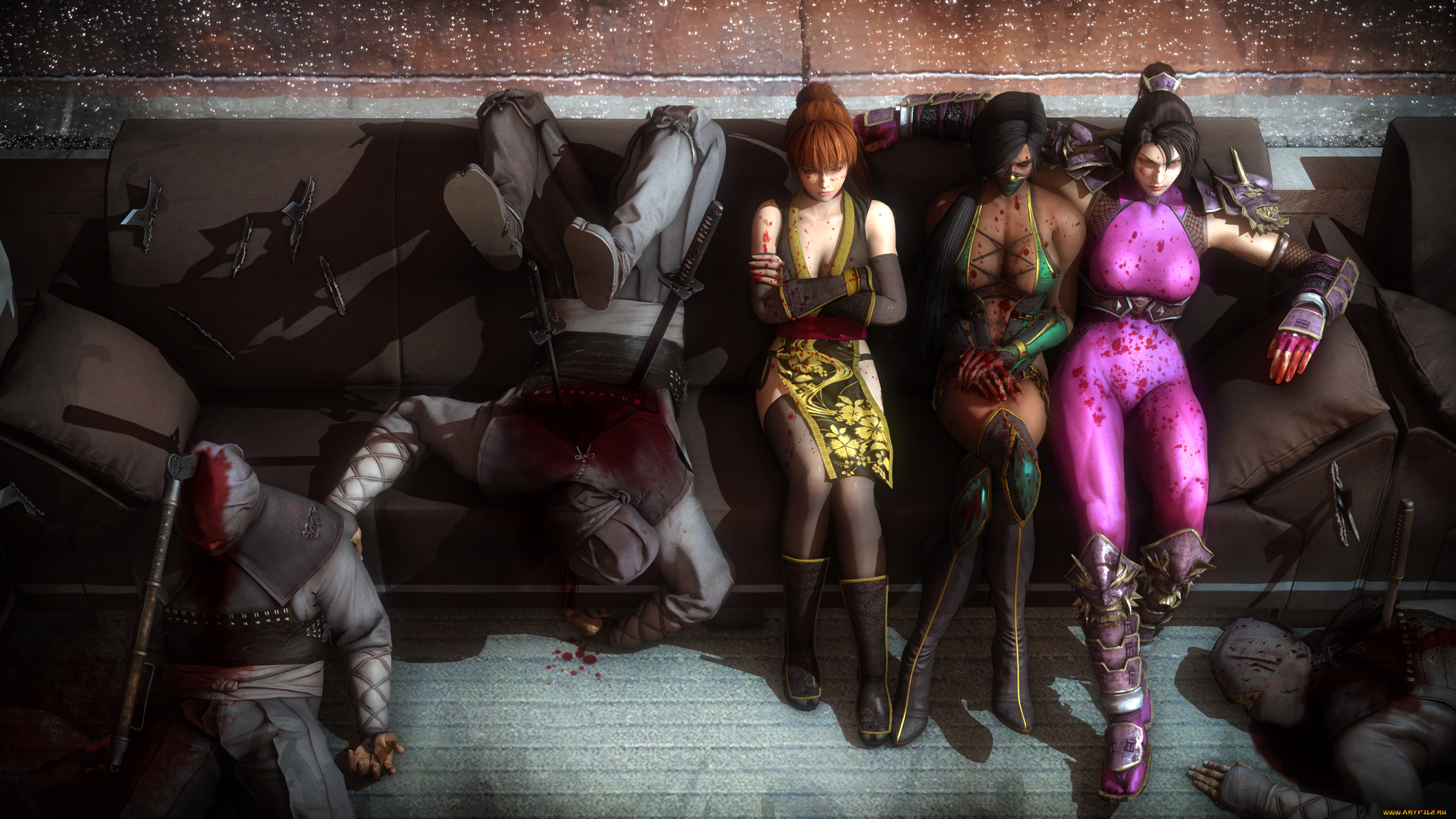 3д, графика, фантазия, , fantasy, кровь, ниндзя, фон, взгляд, девушки