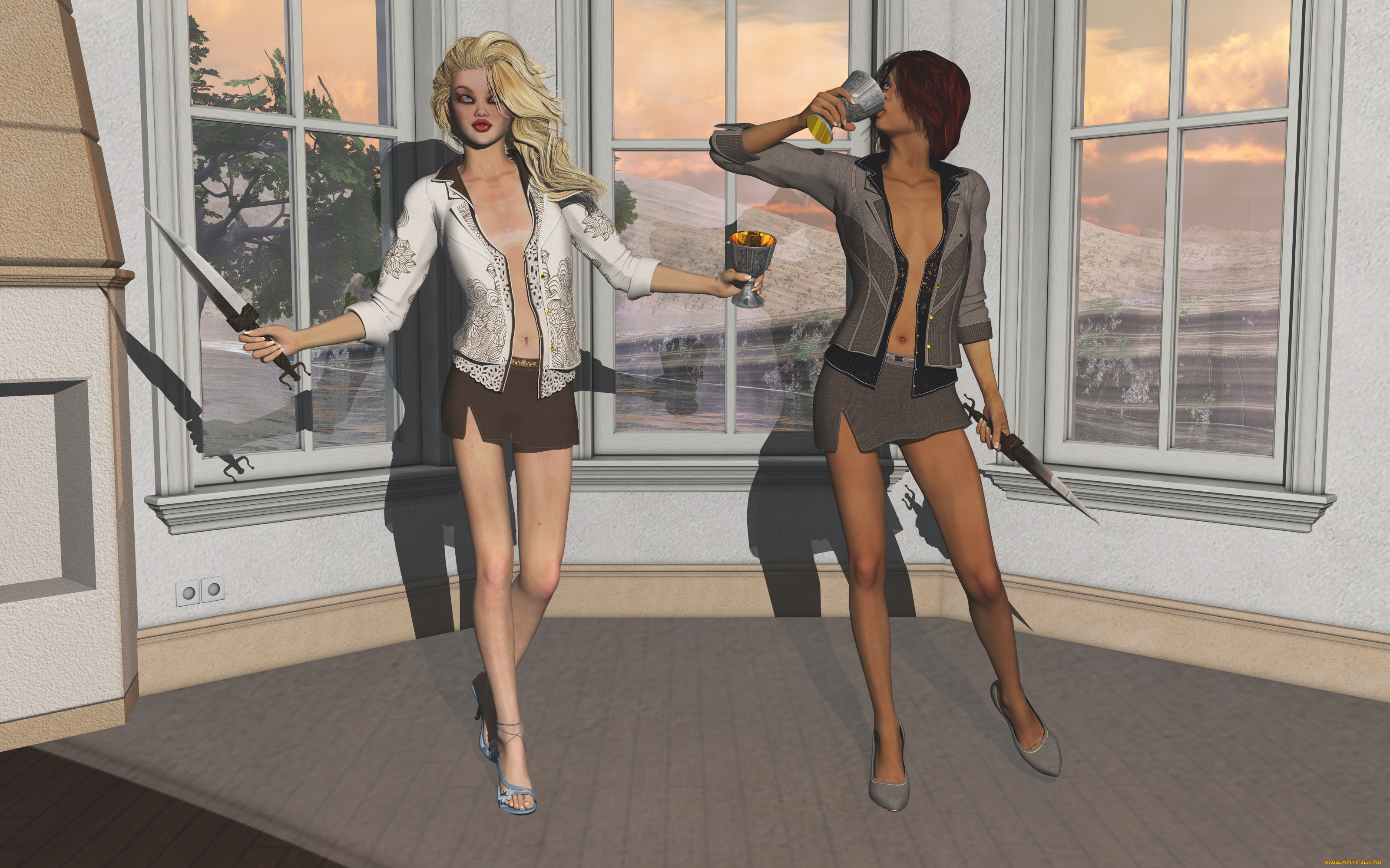 3д, графика, фантазия, , fantasy, чаши, оружие, фон, взгляд, девушки