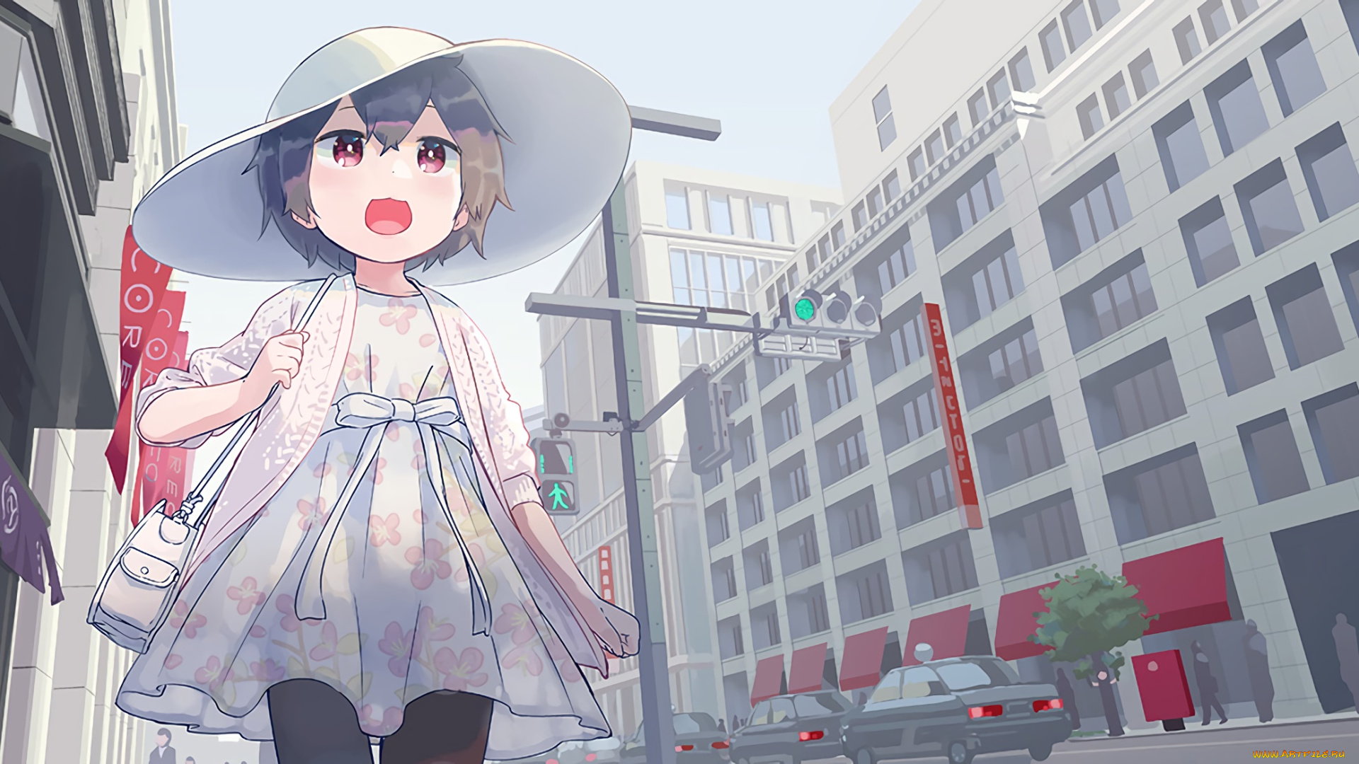аниме, город, , улицы, , здания, машины, девочка