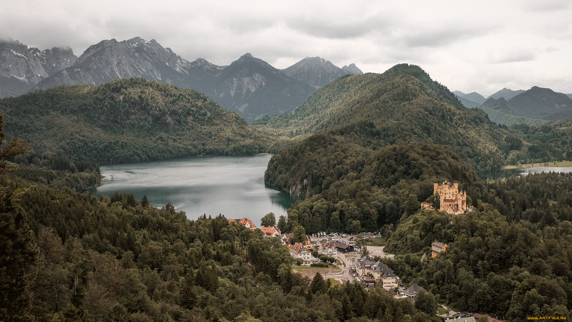 города, -, панорамы, река, замок, лес, горы
