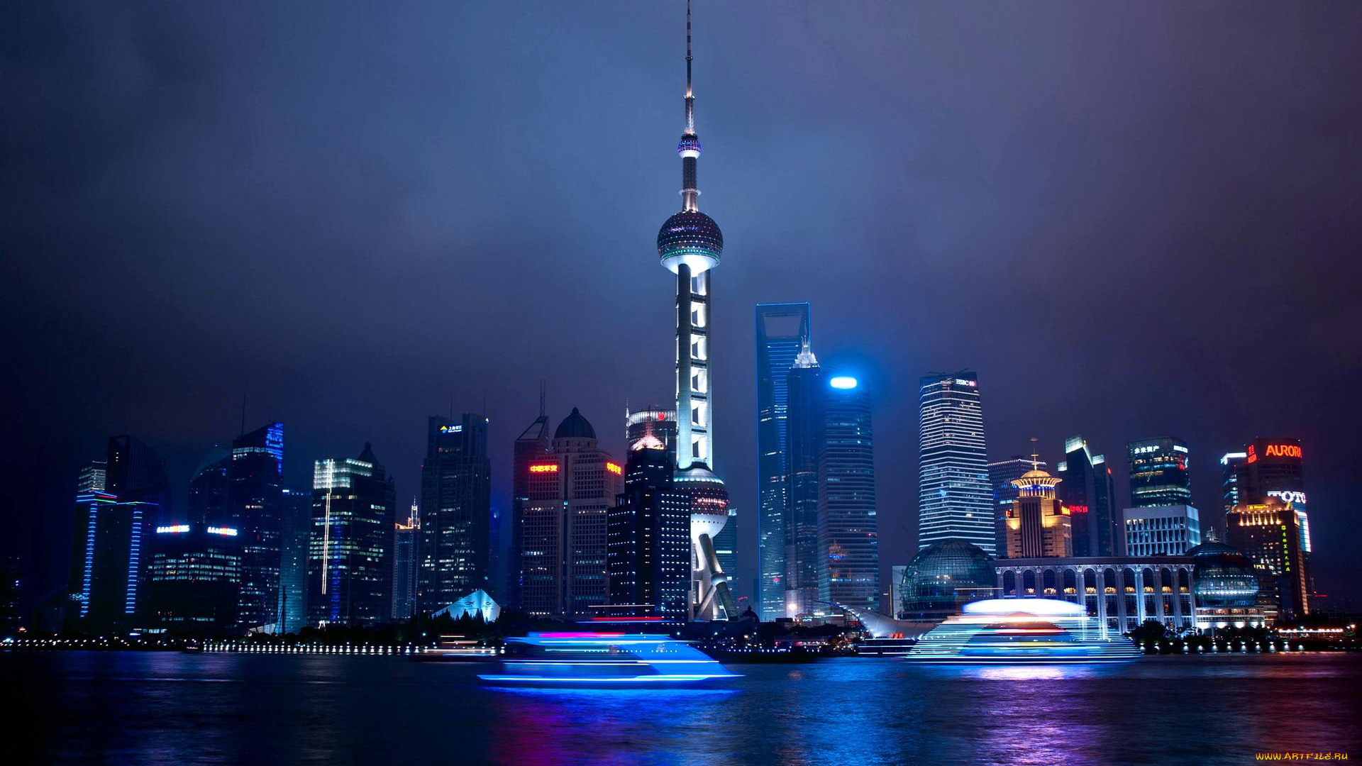 города, шанхай, , китай, здания, дома, город, теплоходы, море, огни, башня