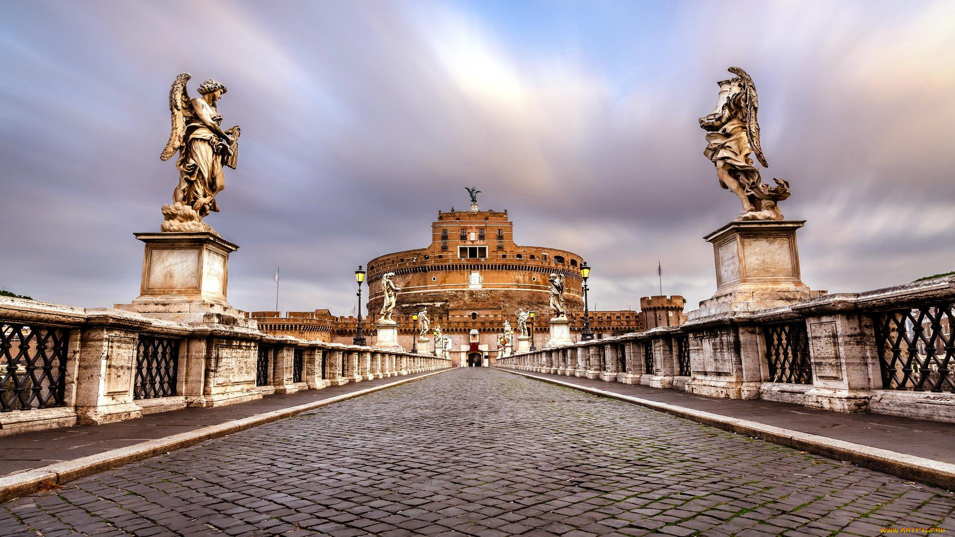 замок, святого, ангела, , рим, города, рим, , ватикан, , италия, статуи, мост, тучи, здание