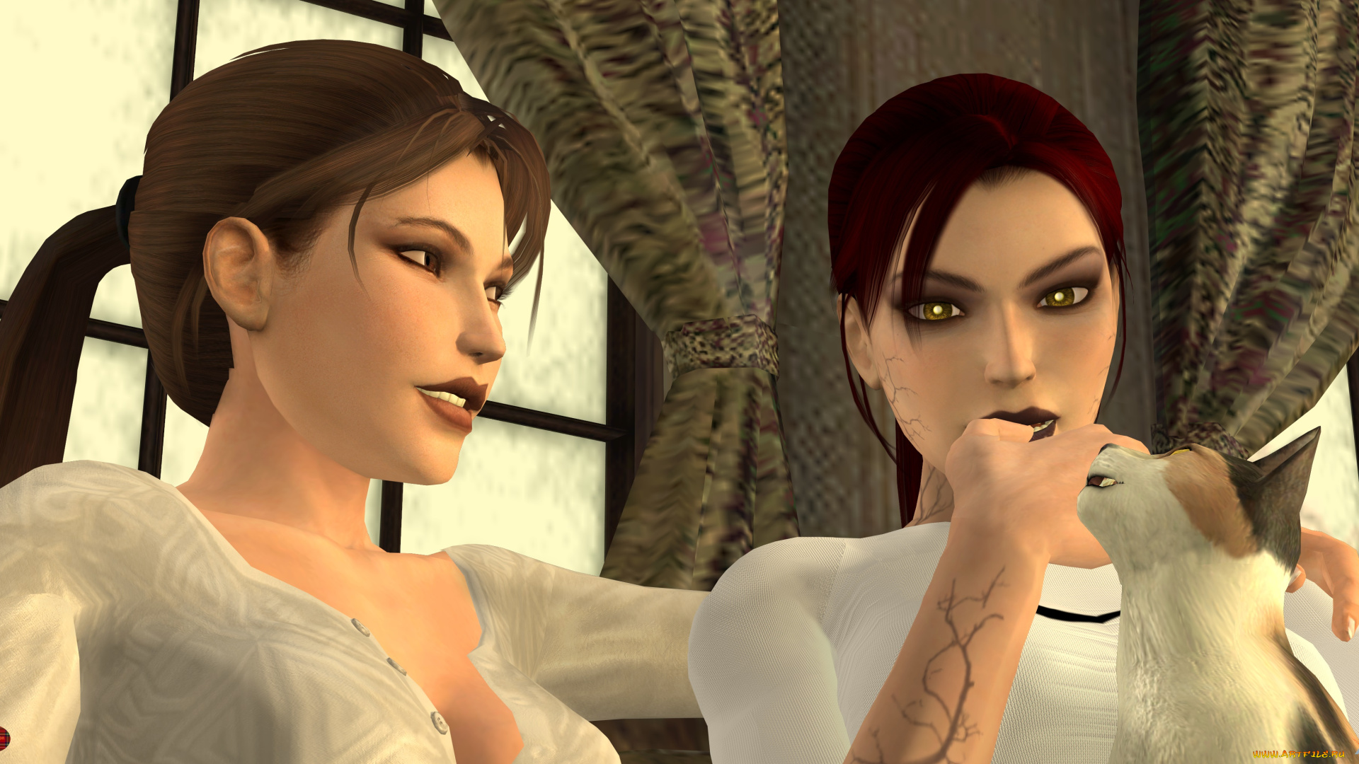 3д, графика, люди, и, животные, , people, and, animals, кот, фон, взгляд, девушки