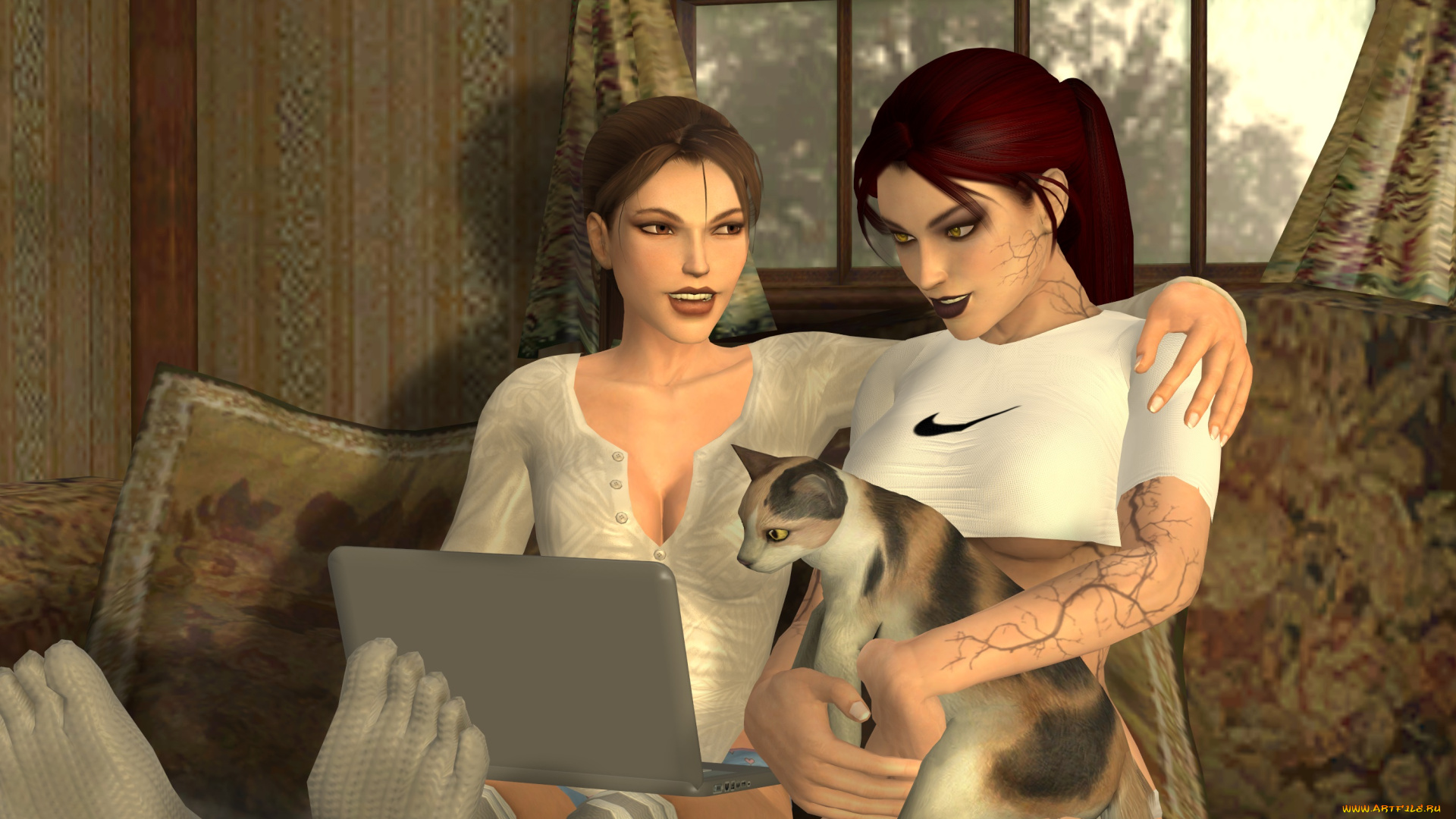 3д, графика, люди, и, животные, , people, and, animals, кот, фон, взгляд, девушки