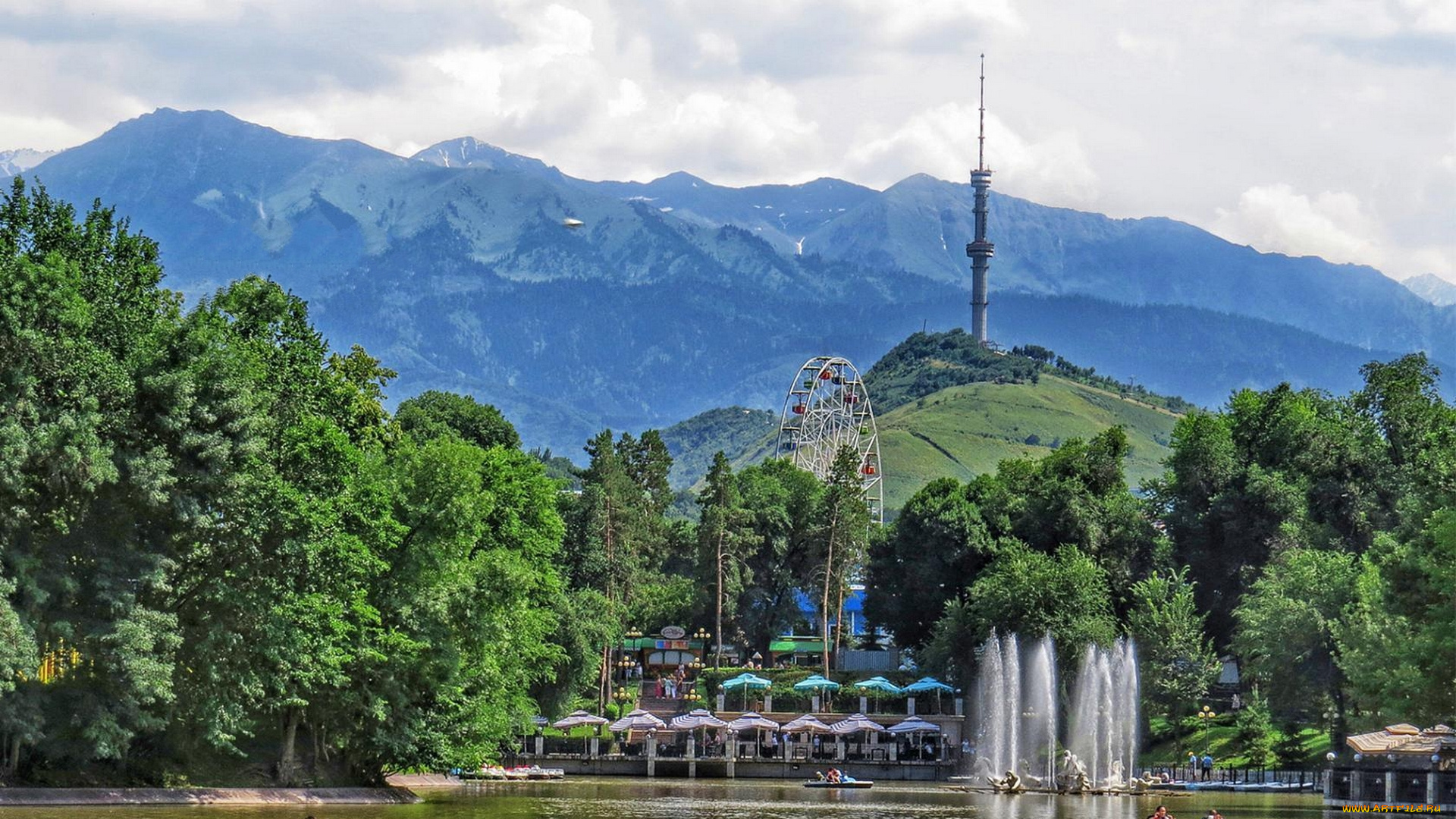 города, -, панорамы, горы, парк, аттракционов, фонтан