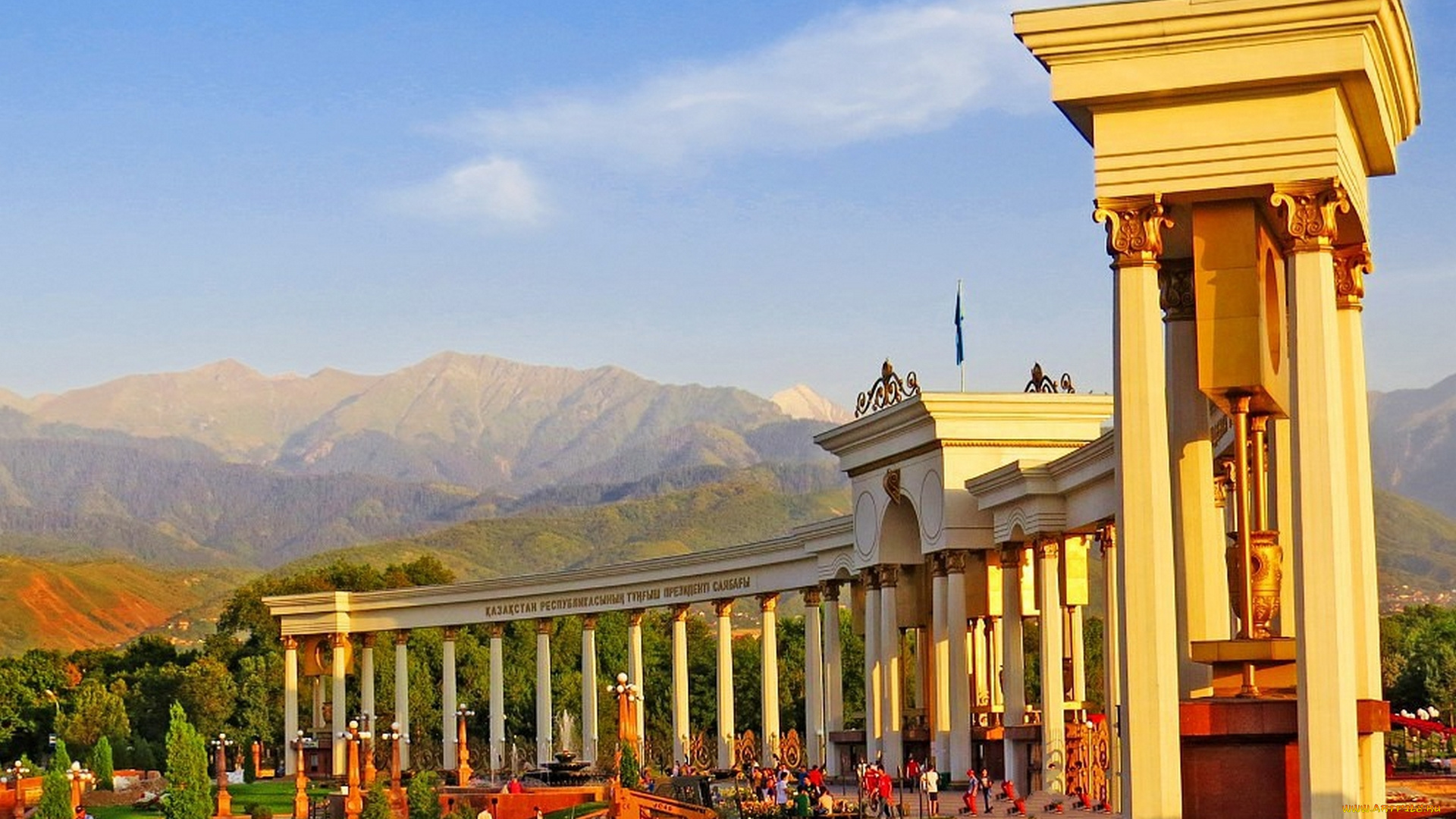 казахстан, города, -, панорамы, архитектурное, сооружение, горы, парк