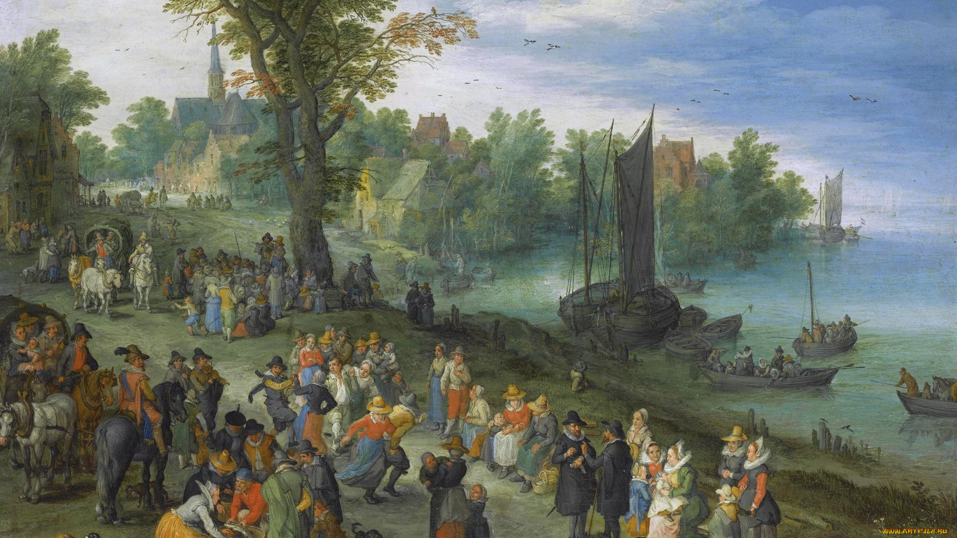 рисованное, живопись, картина, рыбный, рынок, на, берегу, реки, торговля, люди, Ян, брейгель, старший, пейзаж