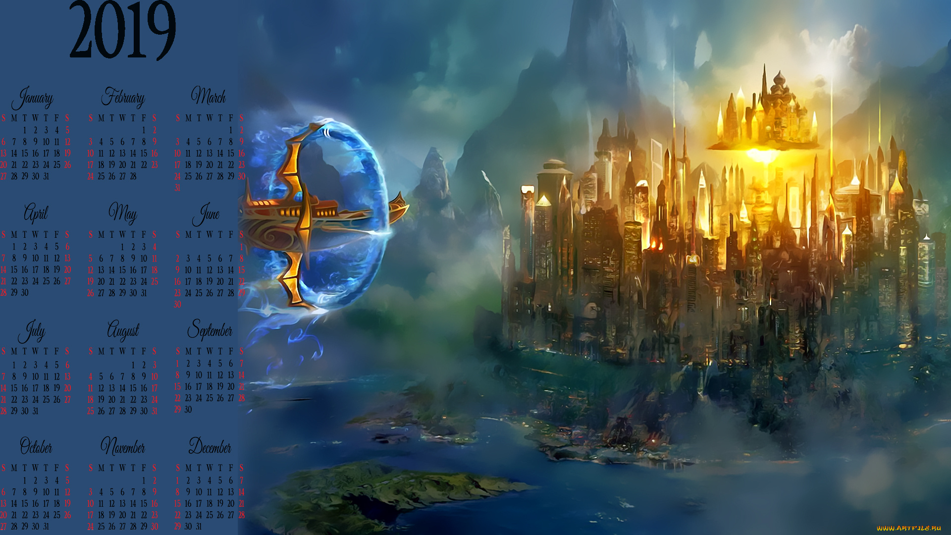 календари, фэнтези, звездолет, calendar, водоем, здание, город