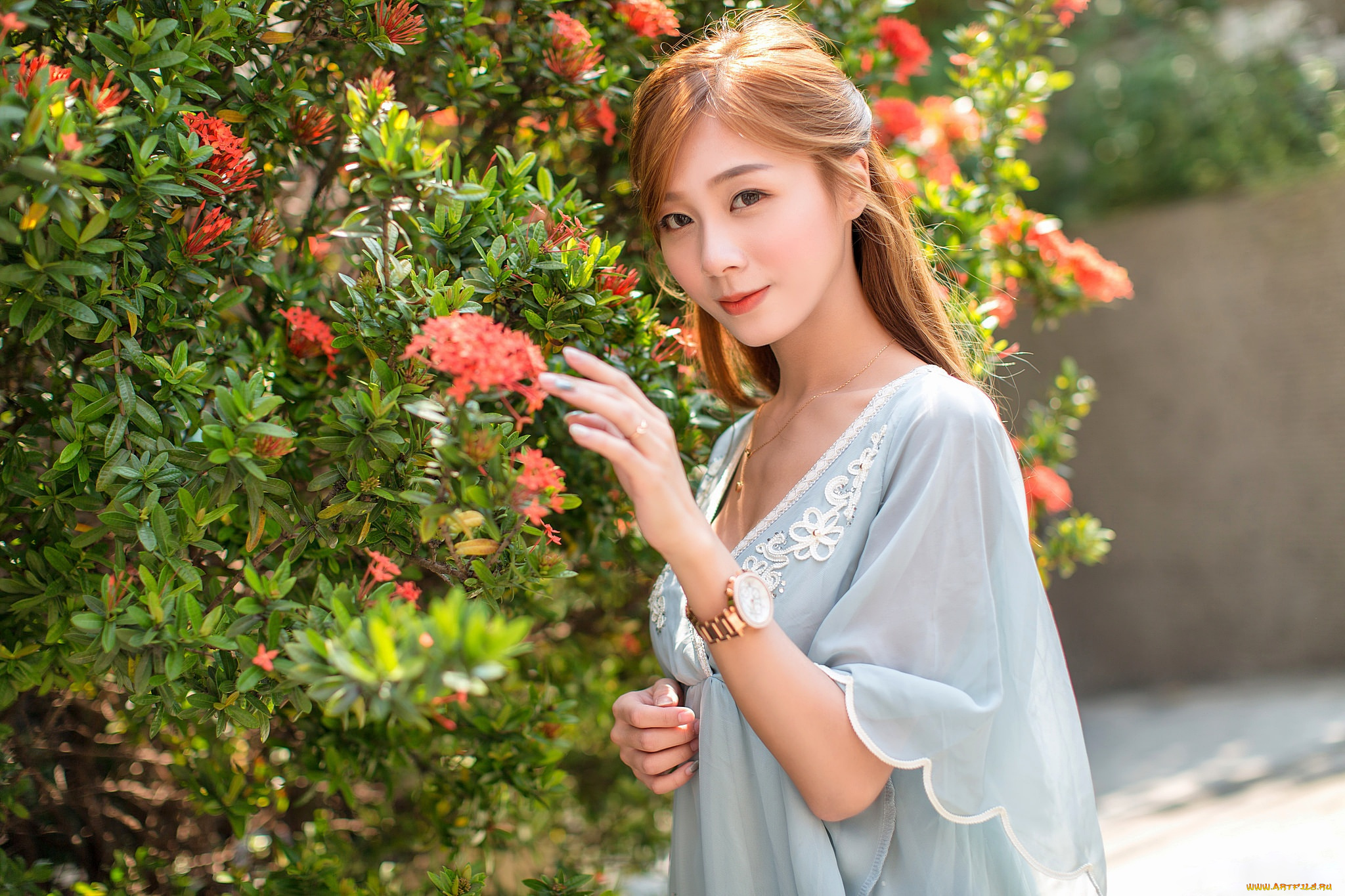 девушки, -unsort, , азиатки, цветы, модель, женщины, брюнетка, глубина, резкости, наручные, часы, длинные, волосы