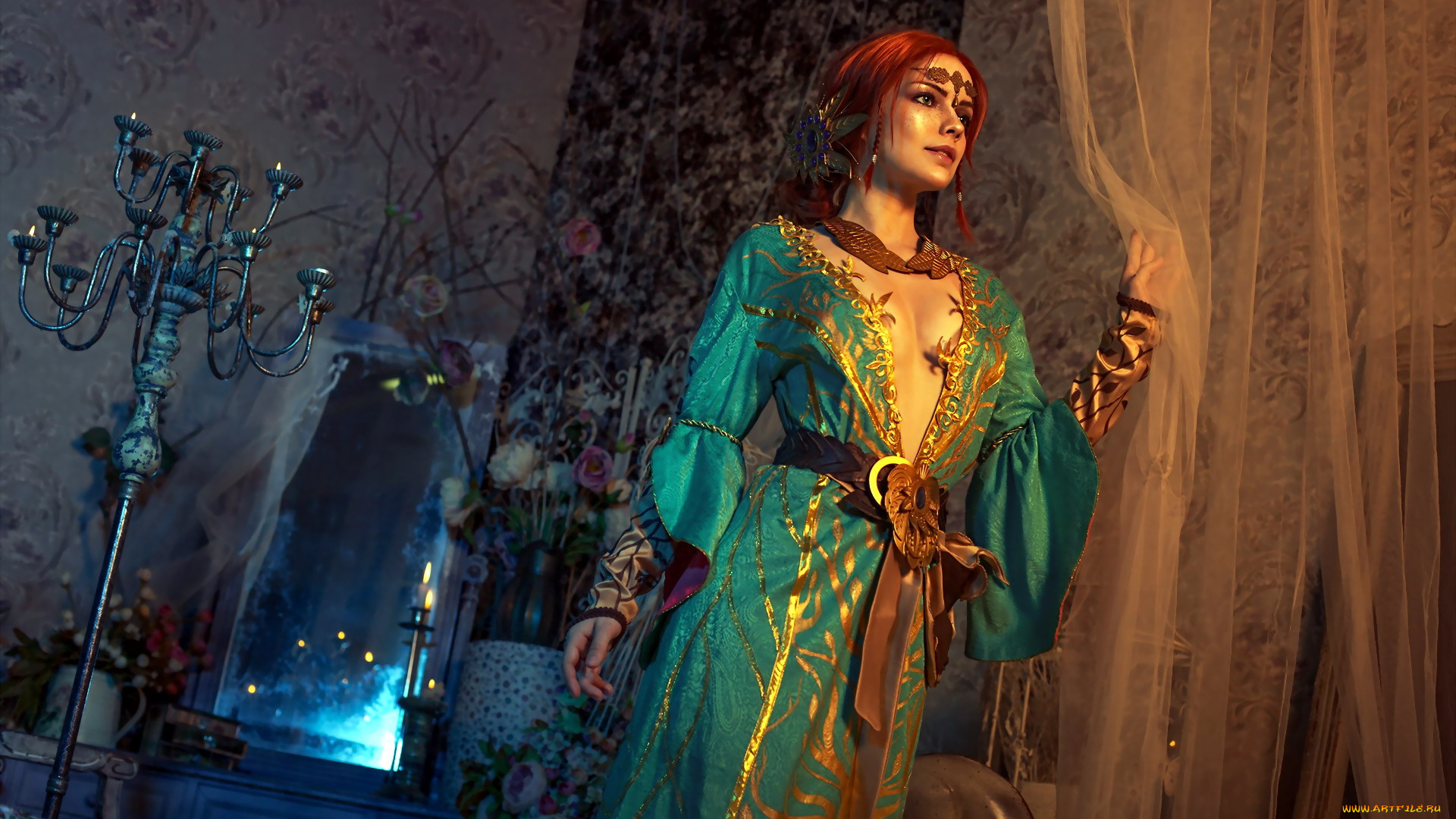 девушки, екатерина, семадени, трисс, меригольд, косплей, ожерелье, платье, зеркало, подсвечник, шторы