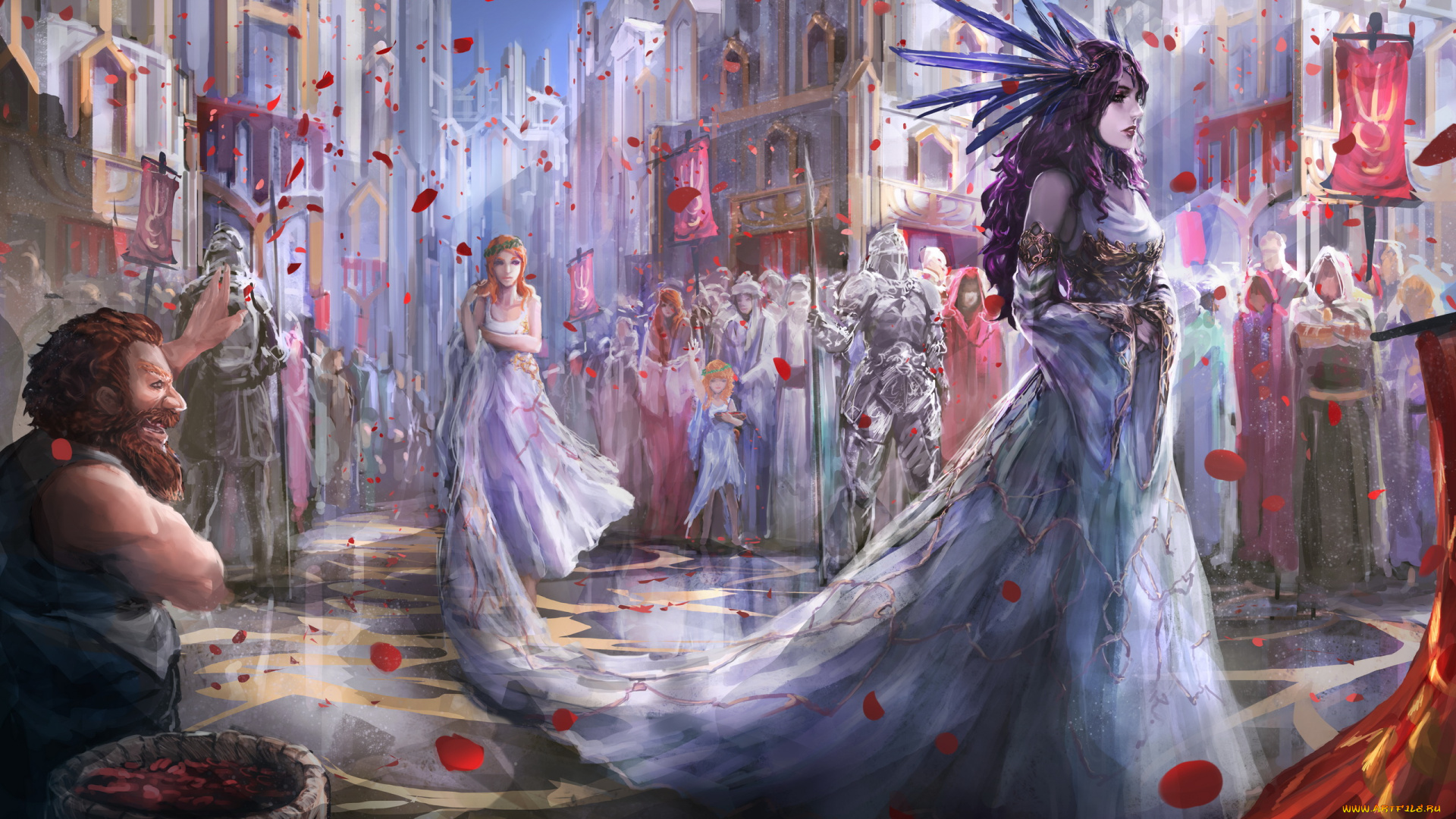 фэнтези, люди, девушка, фон, город, платье