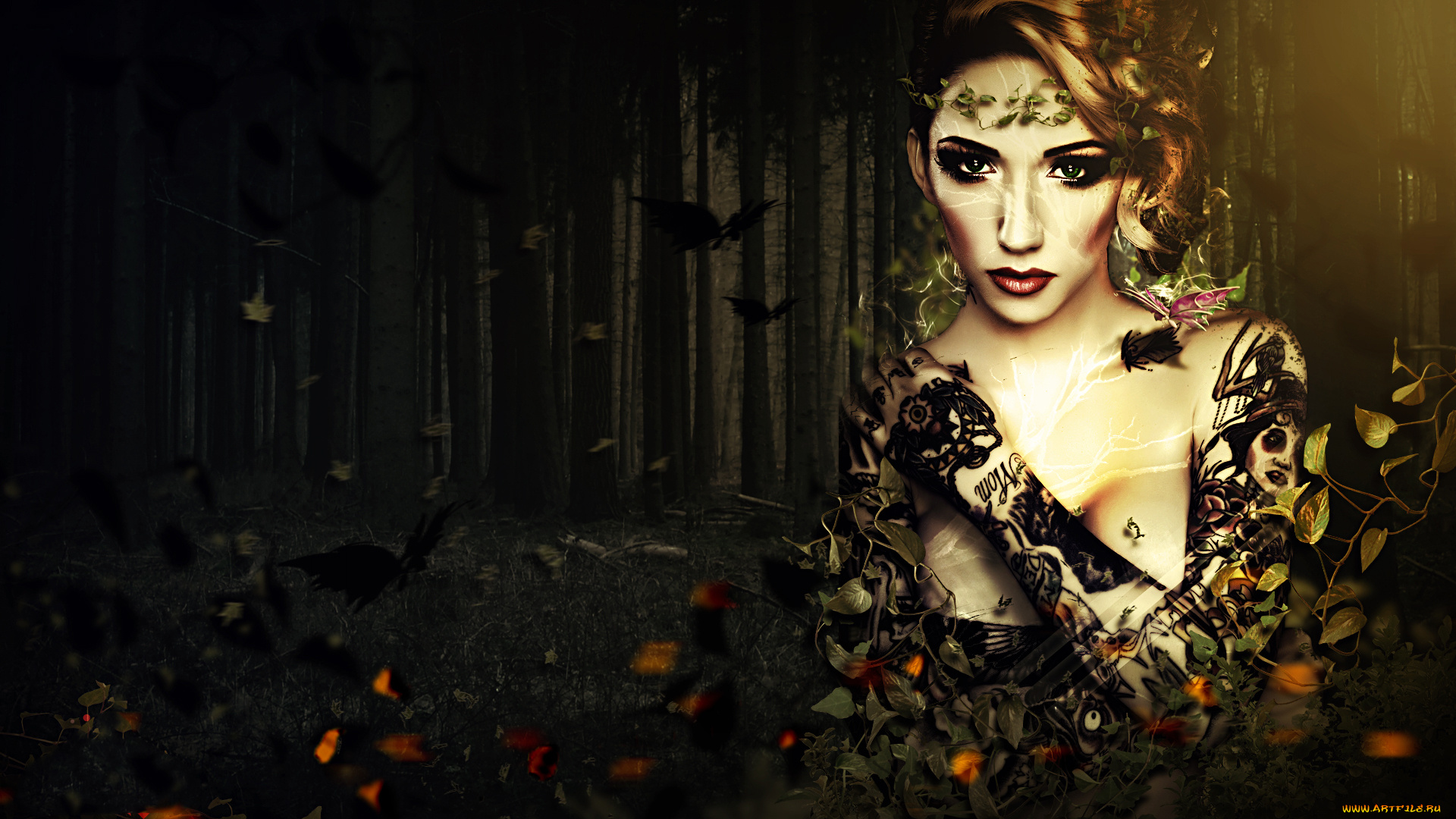 разное, компьютерный, дизайн, девушка, фон, взгляд, тату