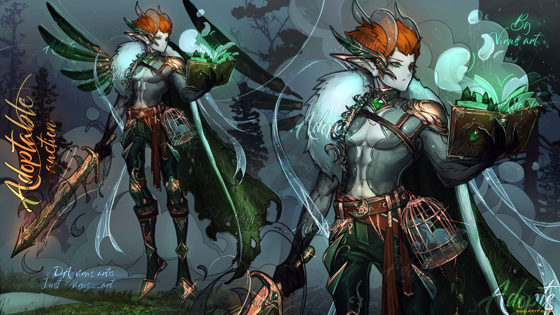 фэнтези, эльфы, девушка, оружие, книга, клетка