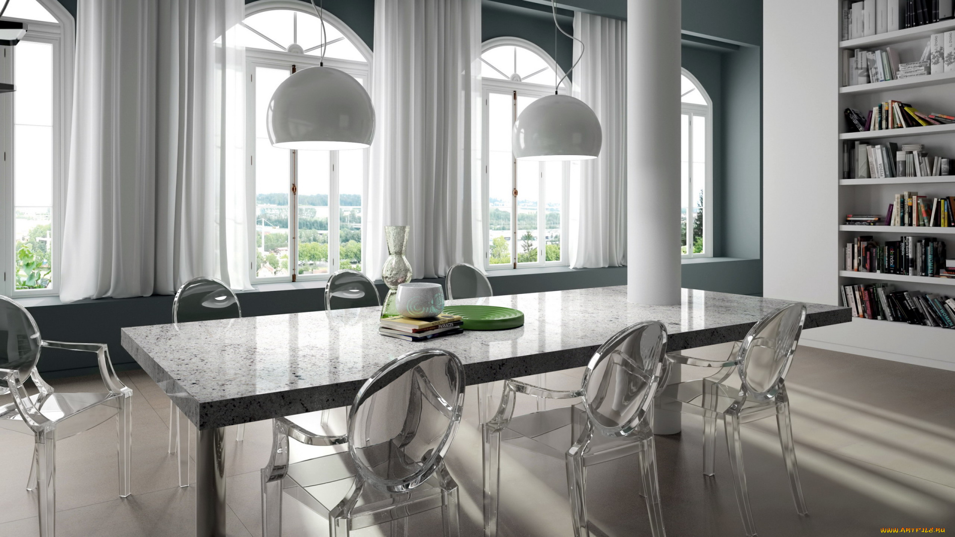 интерьер, столовая, светильники, стол, стулья
