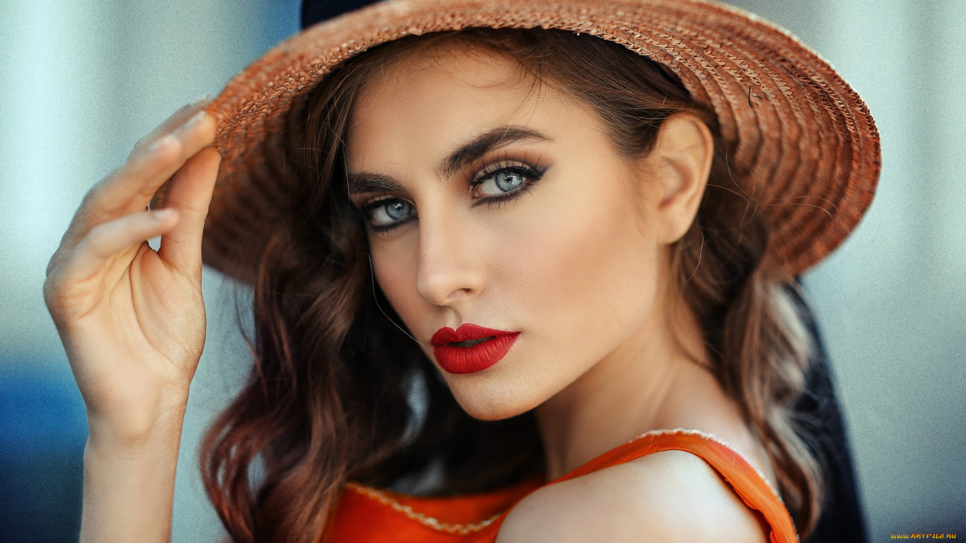 девушки, -, лица, , портреты, макияж, шатенка, шляпа