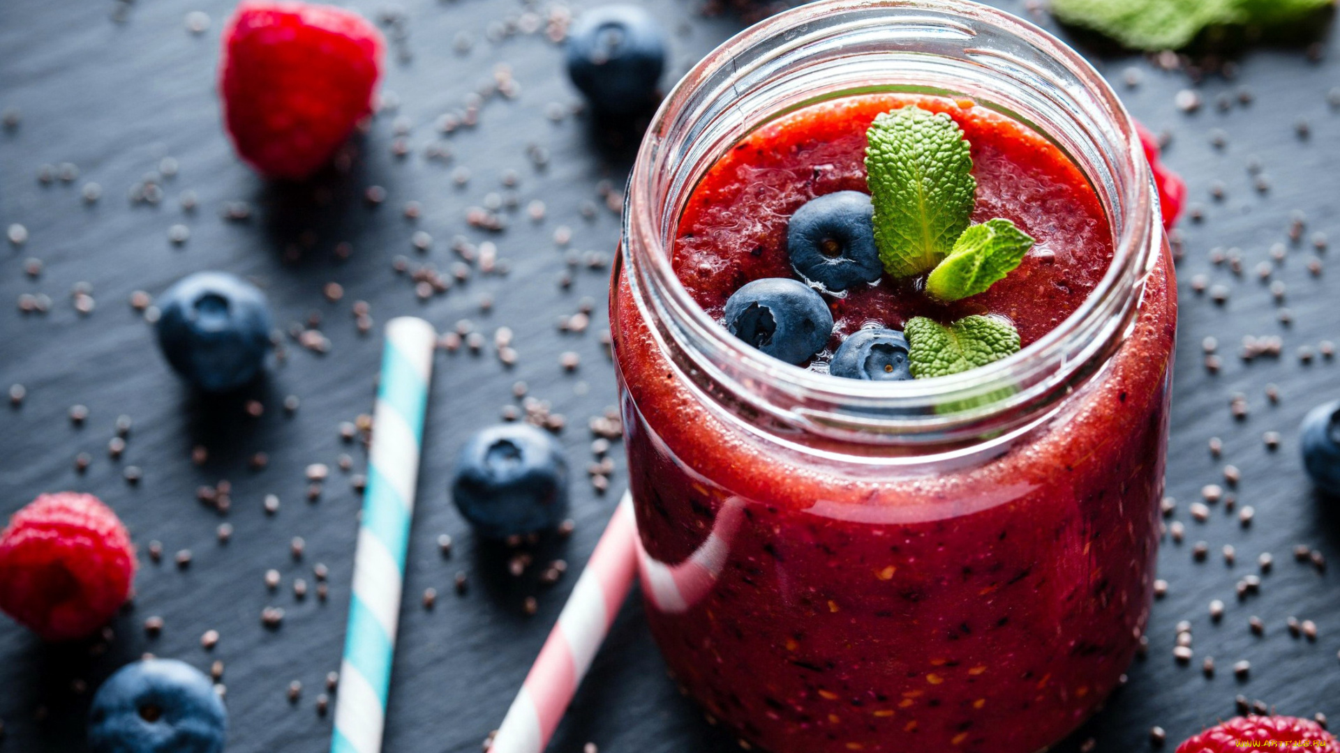 еда, напитки, малина, черника, мята, смузи