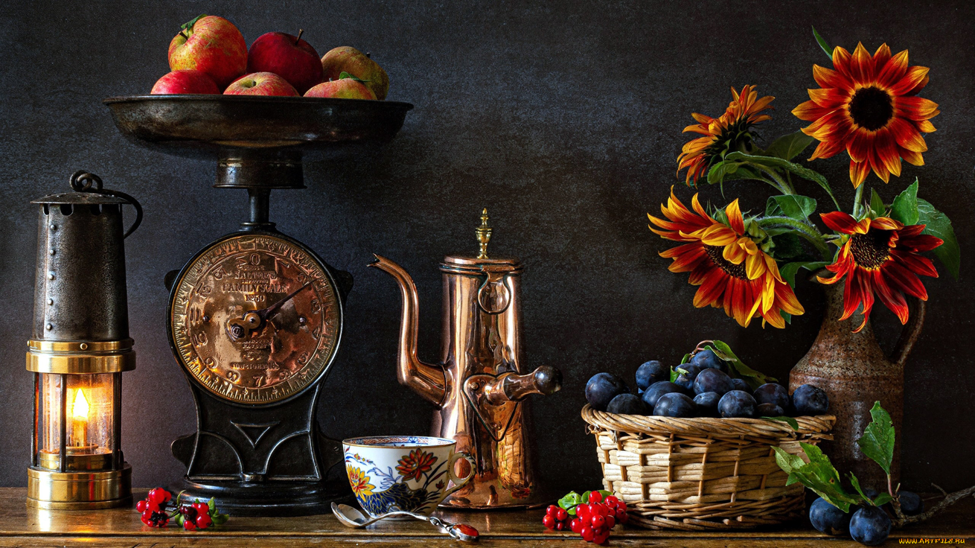 еда, натюрморт, весы, яблоки, корзинка, виноград, цветы