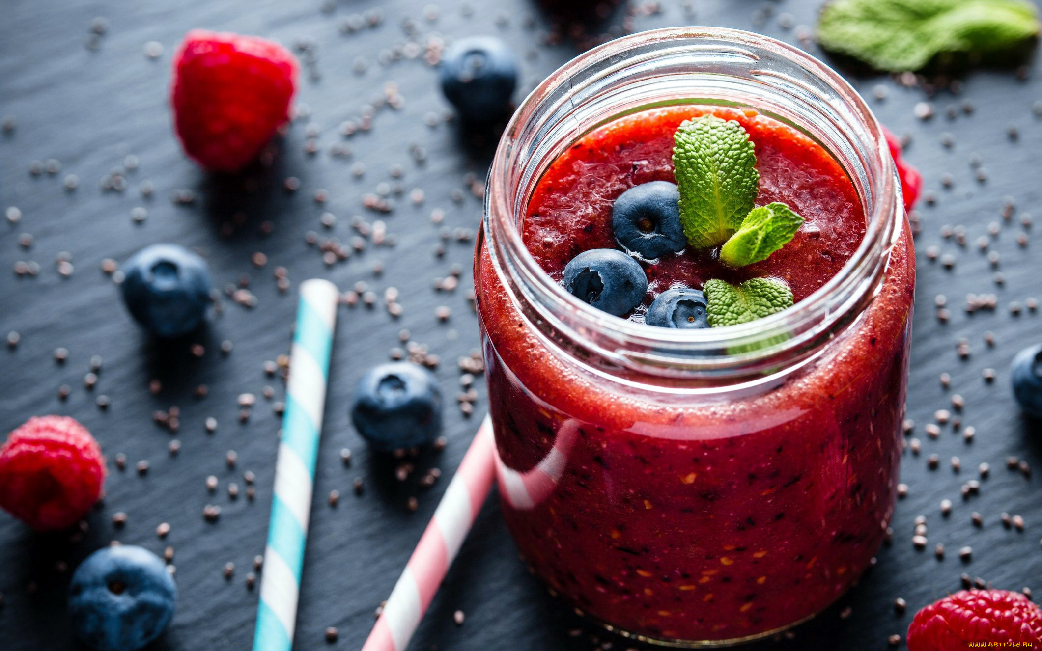 еда, напитки, малина, черника, мята, смузи