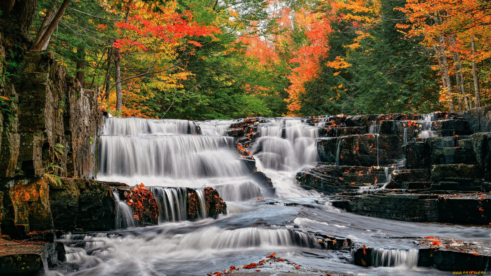 quartzite, falls, slate, river, michigan, природа, водопады, quartzite, falls, slate, river