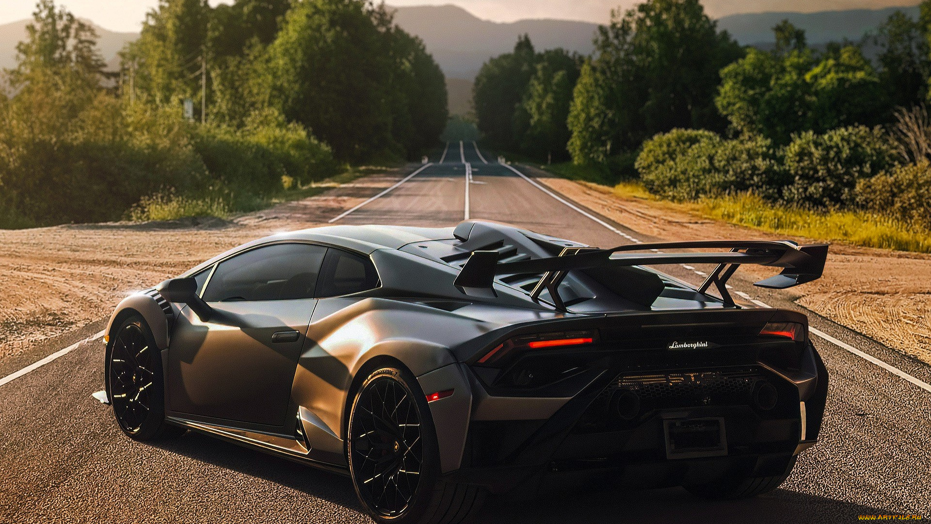 автомобили, lamborghini, черный, дорога, шоссе, деревья