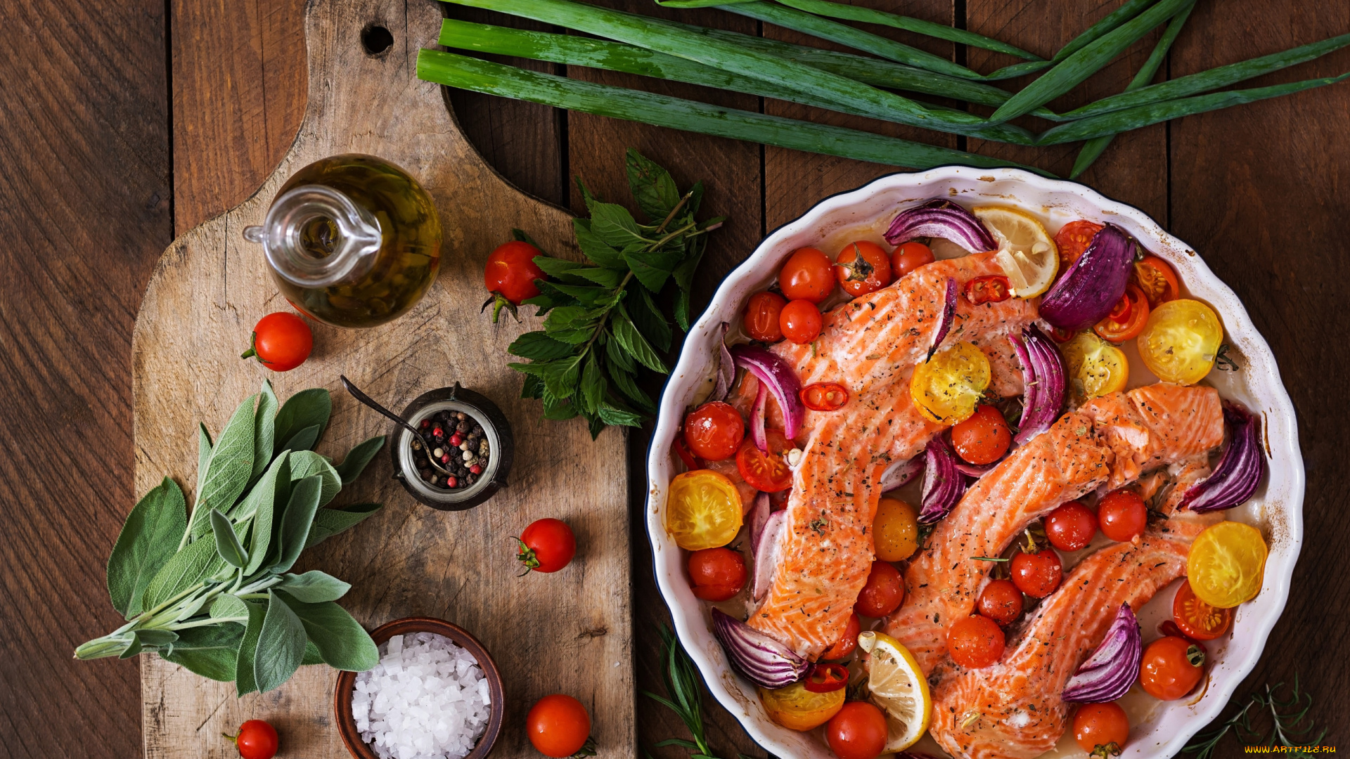 еда, рыбные, блюда, , с, морепродуктами, шалфей, лук, помидоры, форель