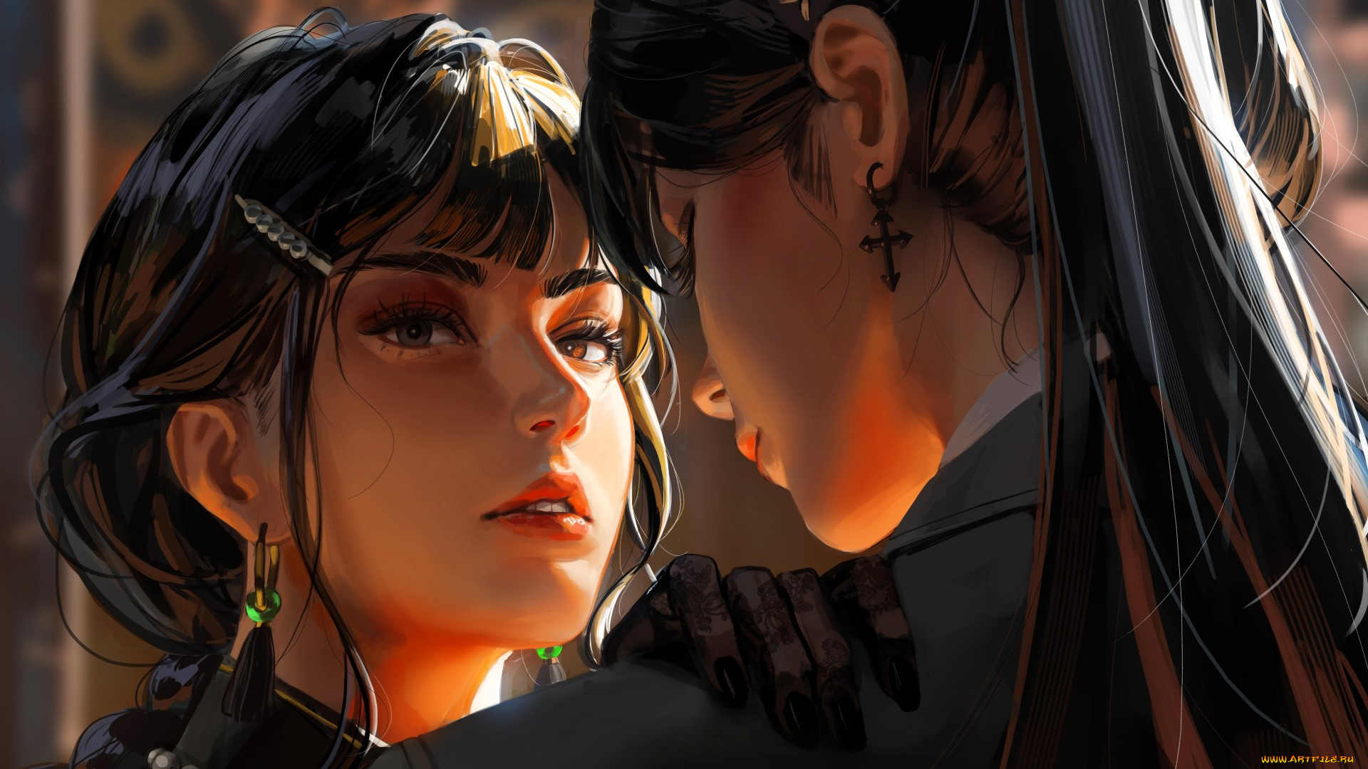 рисованное, люди, девушки, лица, разговор, перчатки