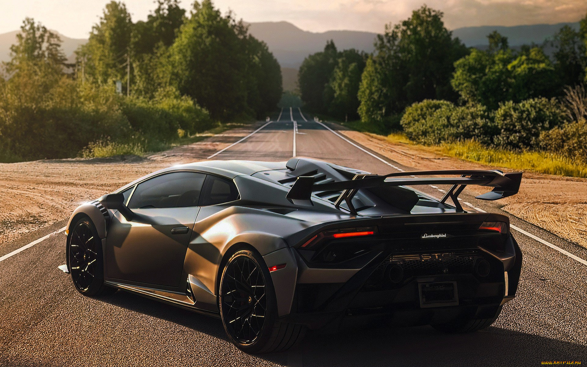 автомобили, lamborghini, черный, дорога, шоссе, деревья