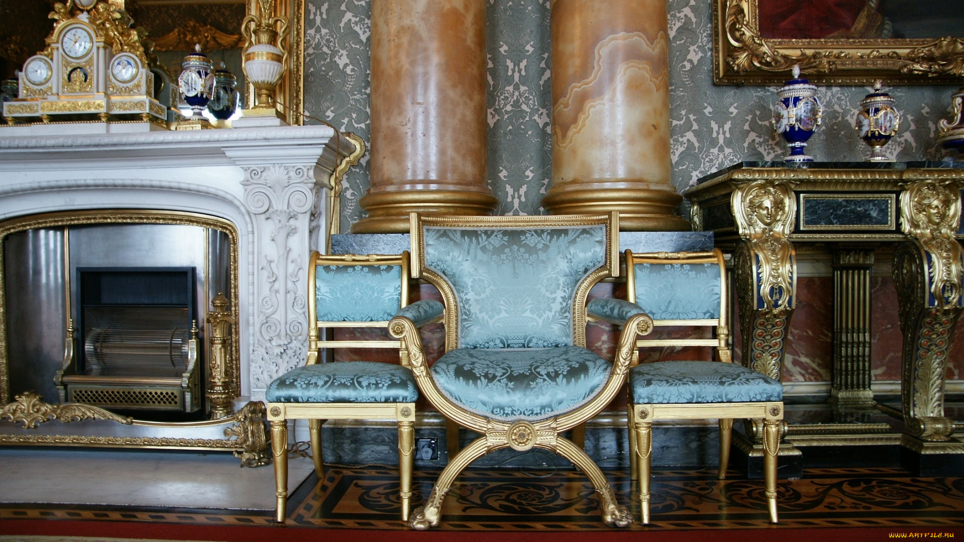 букингемский, дворец, интерьер, дворцы, музеи, колонны, часы, камин, кресла