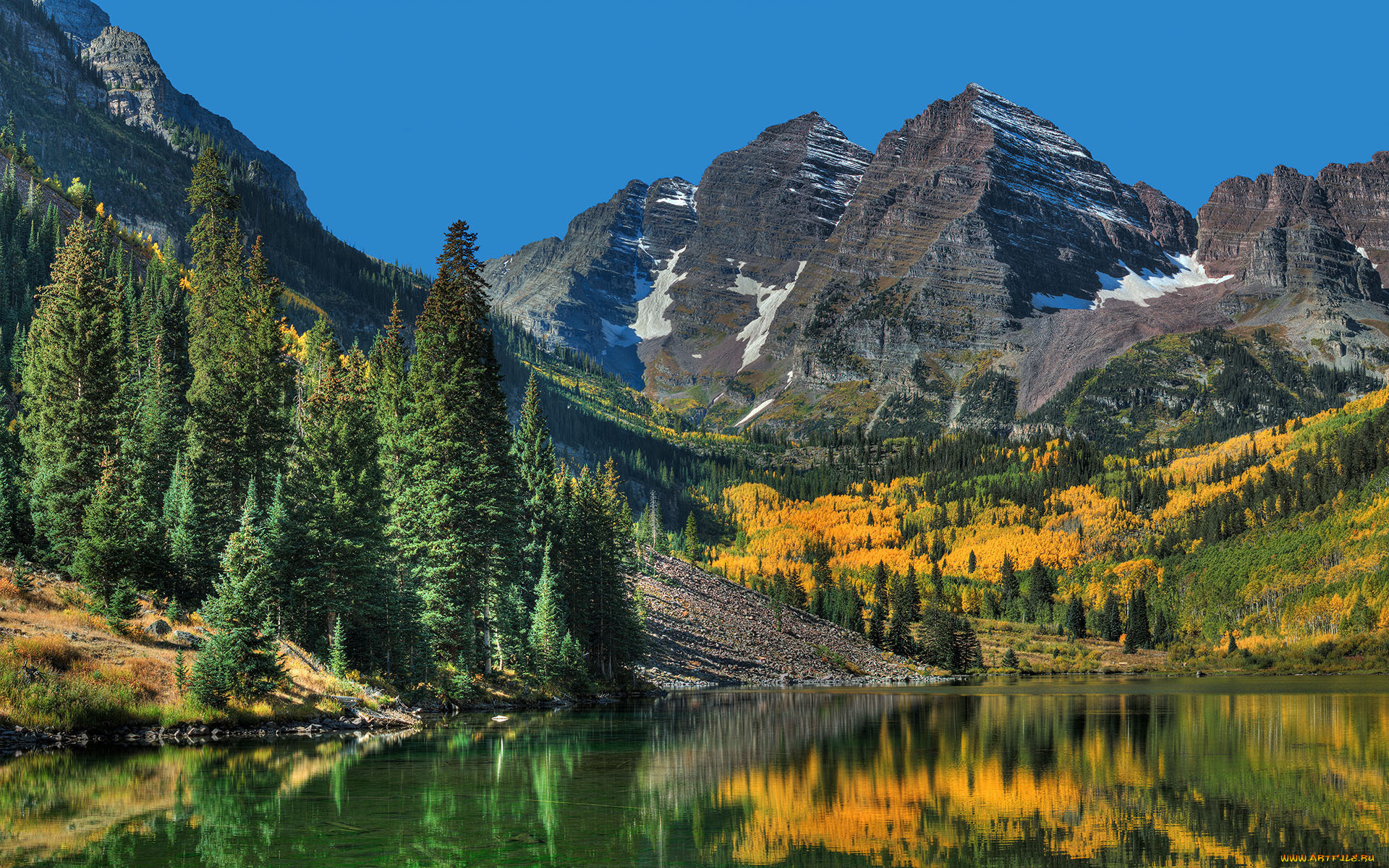 природа, горы, деревья, ели, озеро, пейзаж, лес