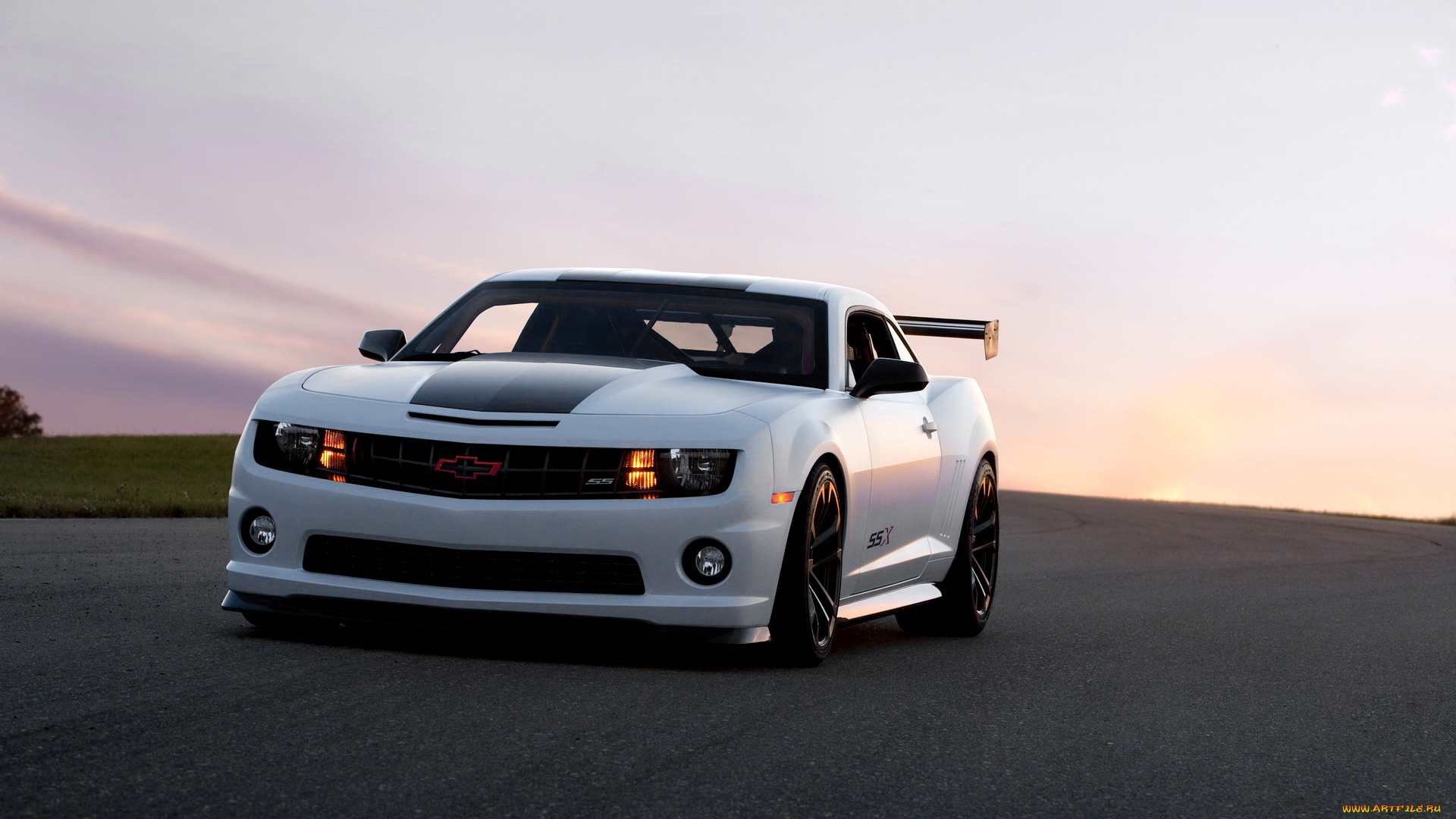 chevrolet, camaro, автомобили, дорога, белый, закат