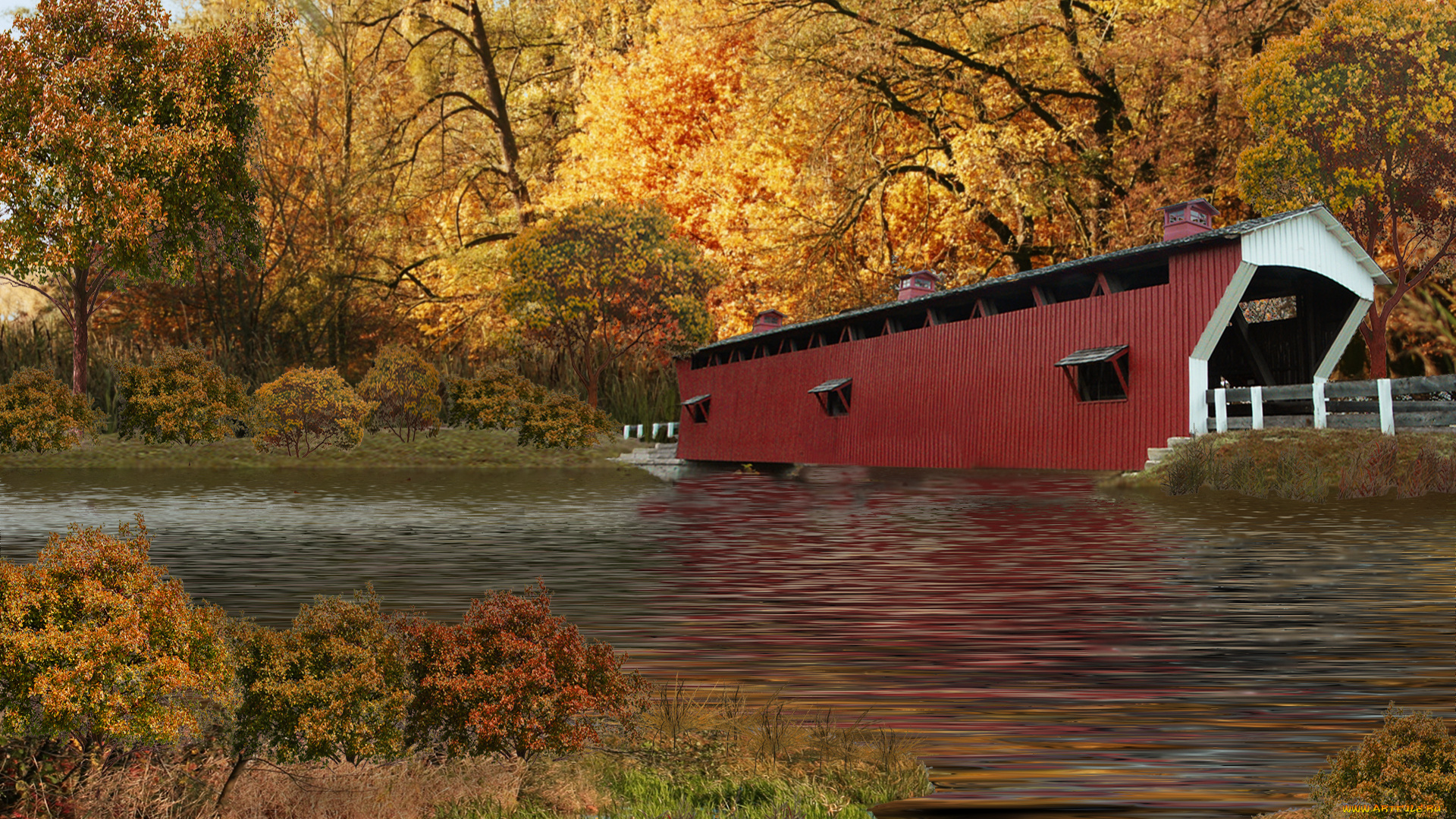 covered, bridge, in, autumn, города, мосты, деревья, желтая, листва, мост