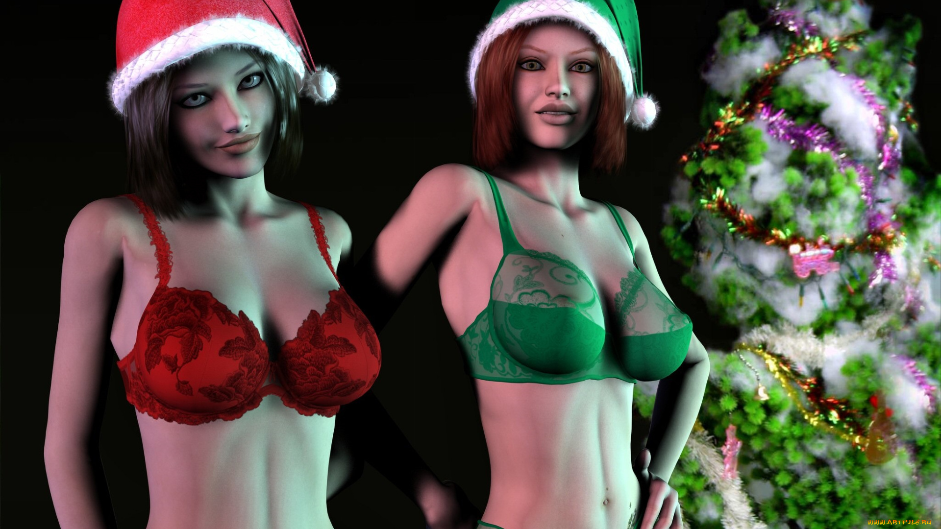 3д, графика, holidays, праздники, елка, украшения, девушки