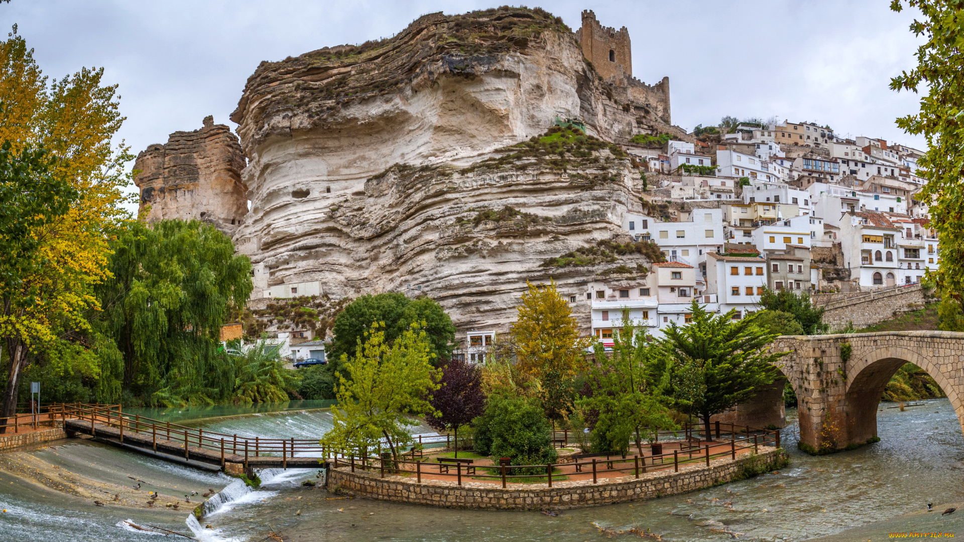 испания, альбасете, города, пейзажи, дома, река, мост, деревья