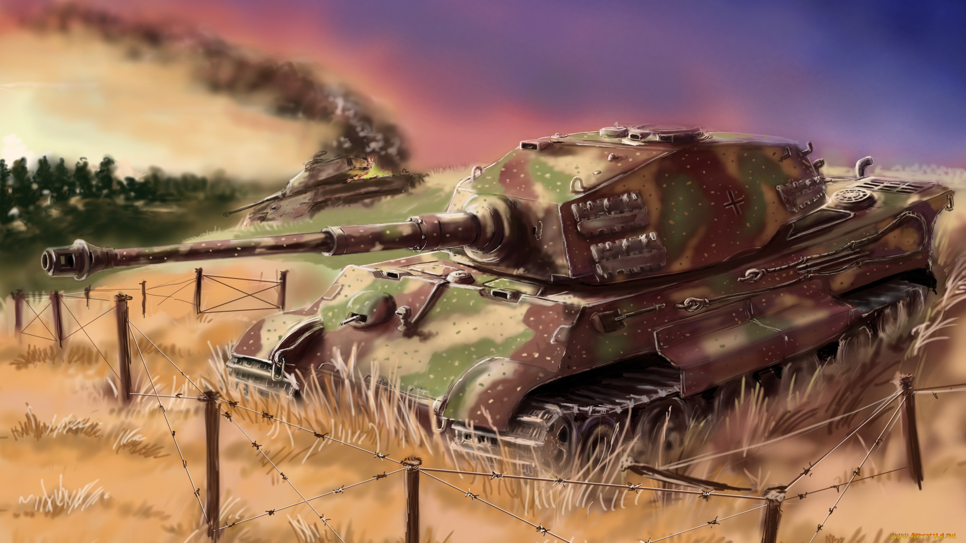 рисованные, армия, танк, бой, поле, колючая, проволока
