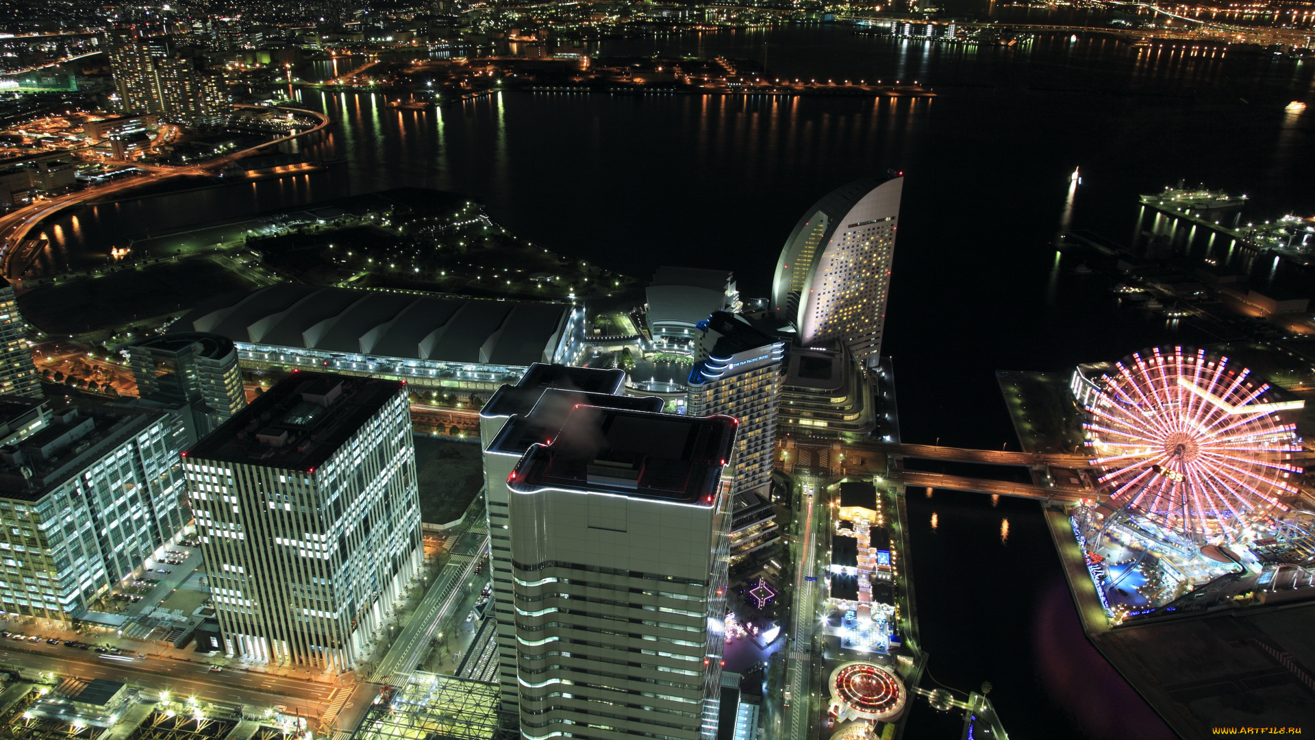 yokohama, Япония, города, йокогама, огни, река, дома, ночь