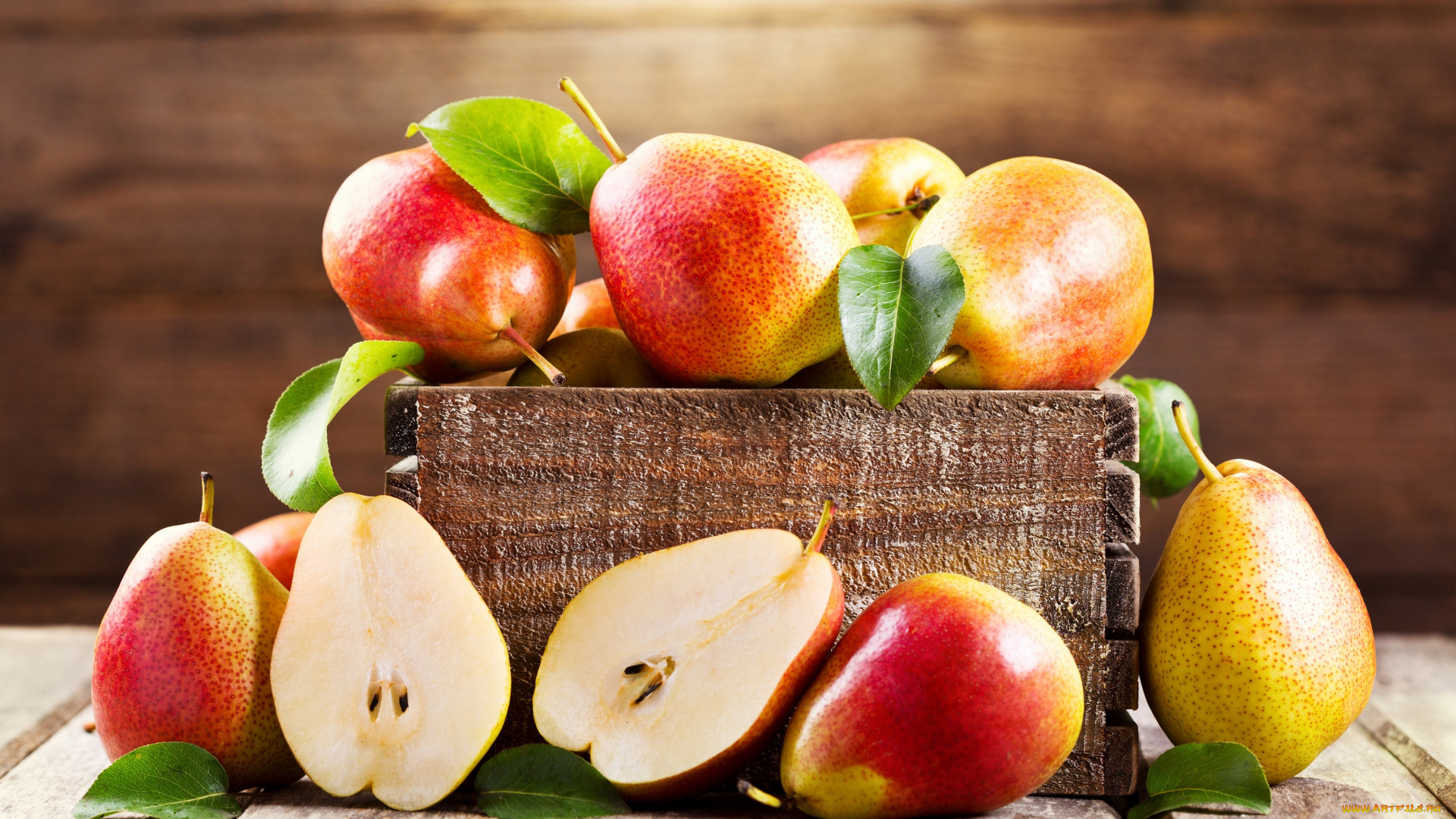 еда, груши, листики, ящик