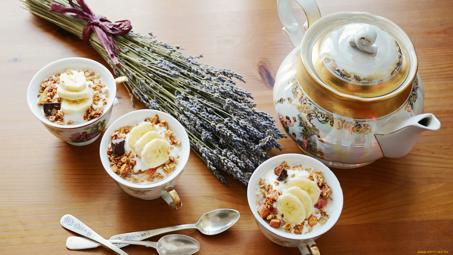 еда, мороженое, , десерты, лаванда, гранола, банан