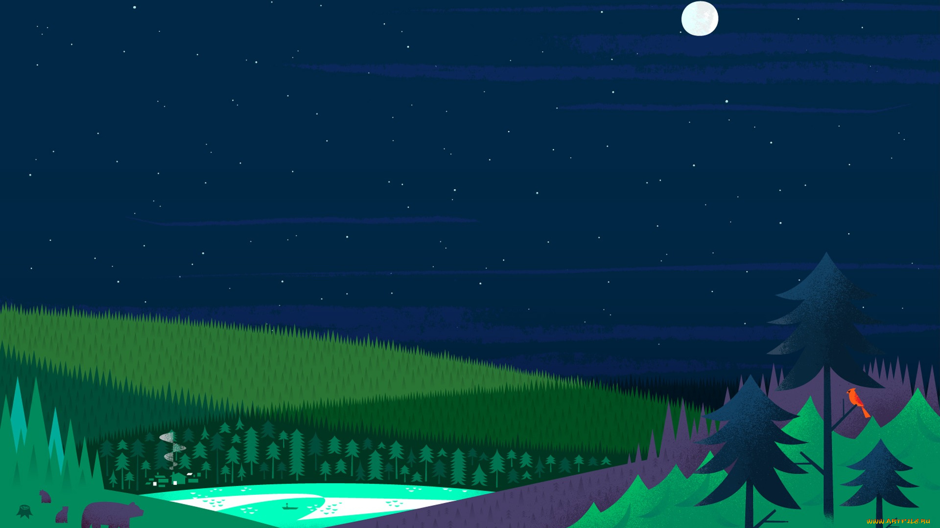 векторная, графика, природа, дома, медведи, озеро, лес, луна, звезды, елки