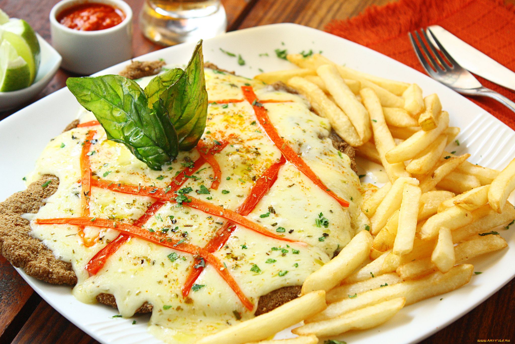 еда, вторые, блюда, отбивная, соус, фри