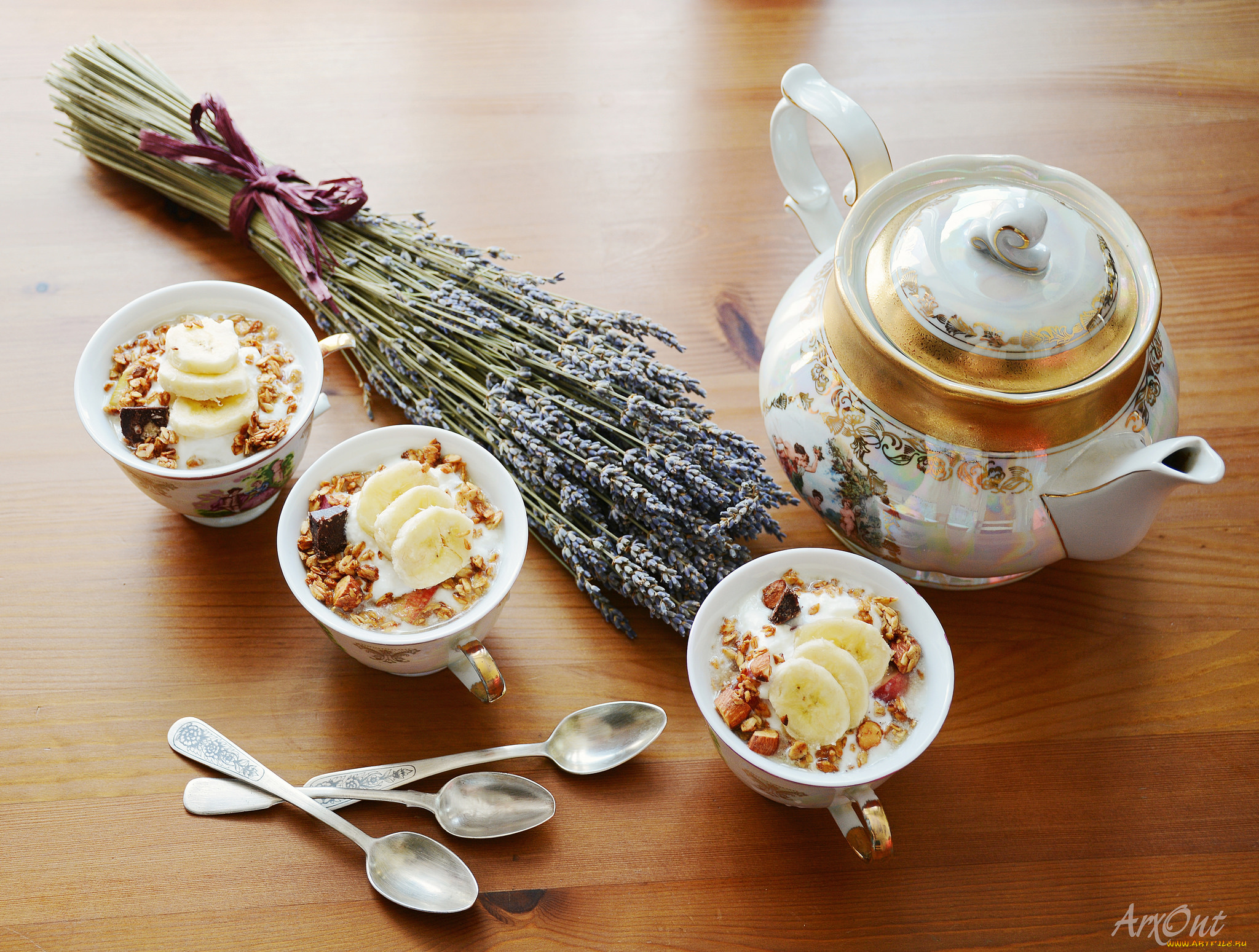 еда, мороженое, , десерты, лаванда, гранола, банан